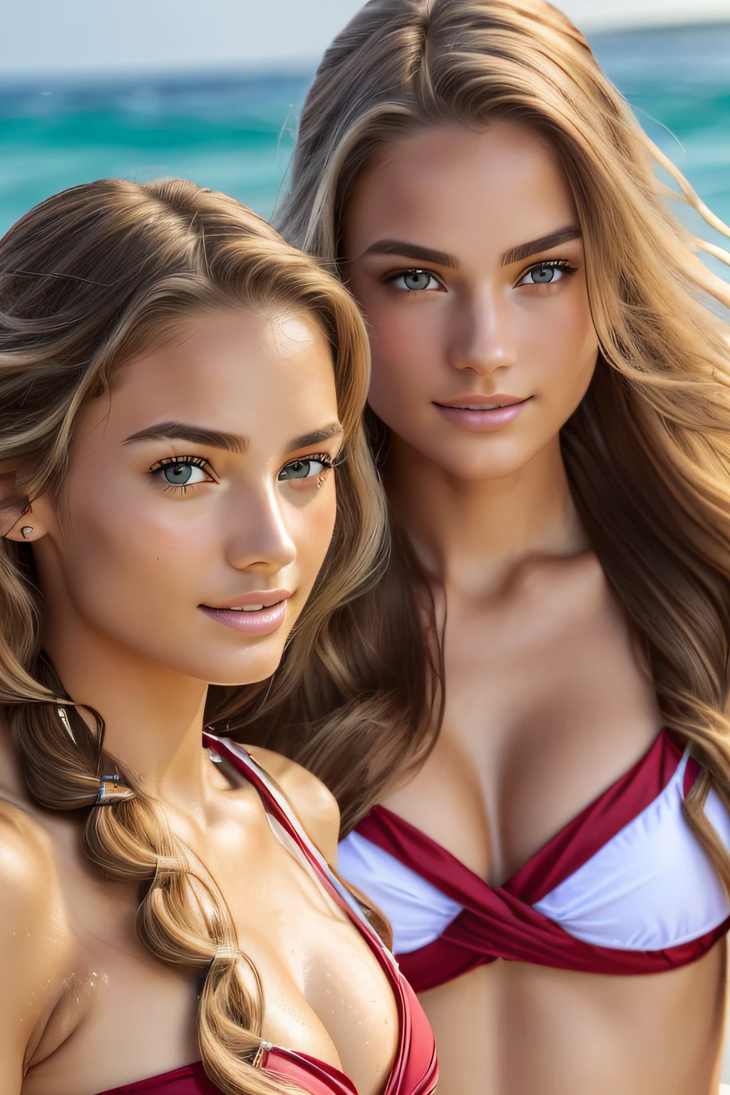 2girl with, ((masterpiece、top-quality、ultra-definition、hight resolution))、4K picture quality、((Beautuful Women))、22year old、wetted skin、radiant eyes、perfect eyes、((Beautiful Nordic sisters))、Golden Theme,(maikurobikini:1.4),the beach,Background crowd、((red swim wear))、((Long Wave Hair))、((facial close-up))、