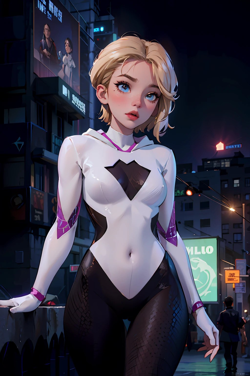 Gwen Aranha, organic-looking clothing, Simbionte, belas artes, PS5 cinematic screenshot, Highly detailed cinematic rendering, raytricing ultra fotorrealista | |, with cinematic lighting, (peitos pontudo  natural:1.2), quadris largos anatomia correta.