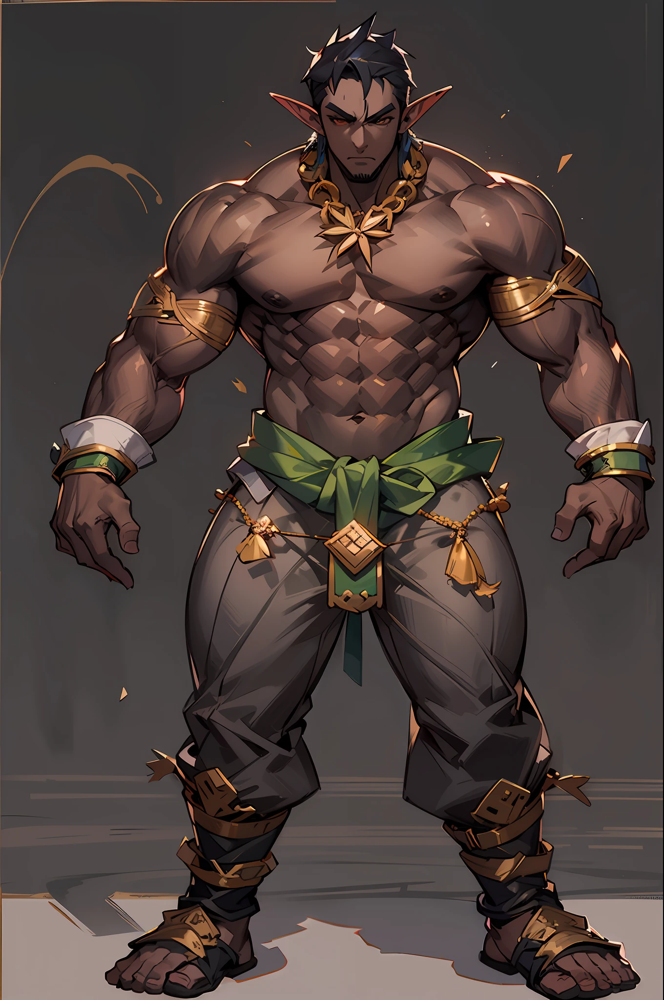 （tmasterpiece，top Quority，best qualtiy），pix，pixelart，the elf，full bodyesbian，（Dark skin），chest muscle，Abs，（Handsome male），Martial artist，bandagens