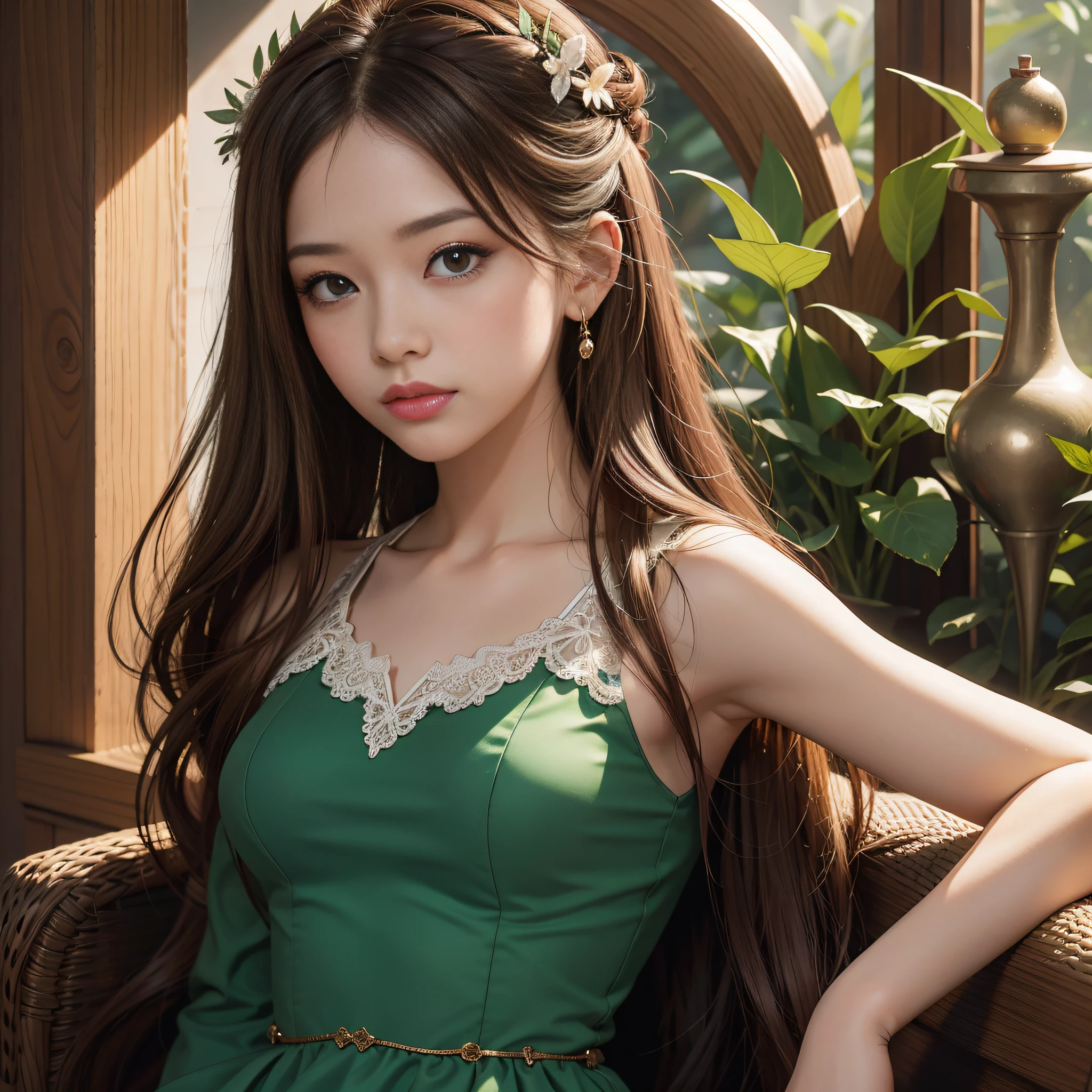 wallpaper hd，Close-up Shot Shot，Close-up Shot Shot，wallpaper hd，Cartoon girl in green dress，with long hair in takes, In the style of 32K UHD, Light dark red and brown, Dark brown and white, princesscore, Soft realism, Lovely, Eye-catching – AR 40:53 --AR 3:4 --q 5 --niji 5