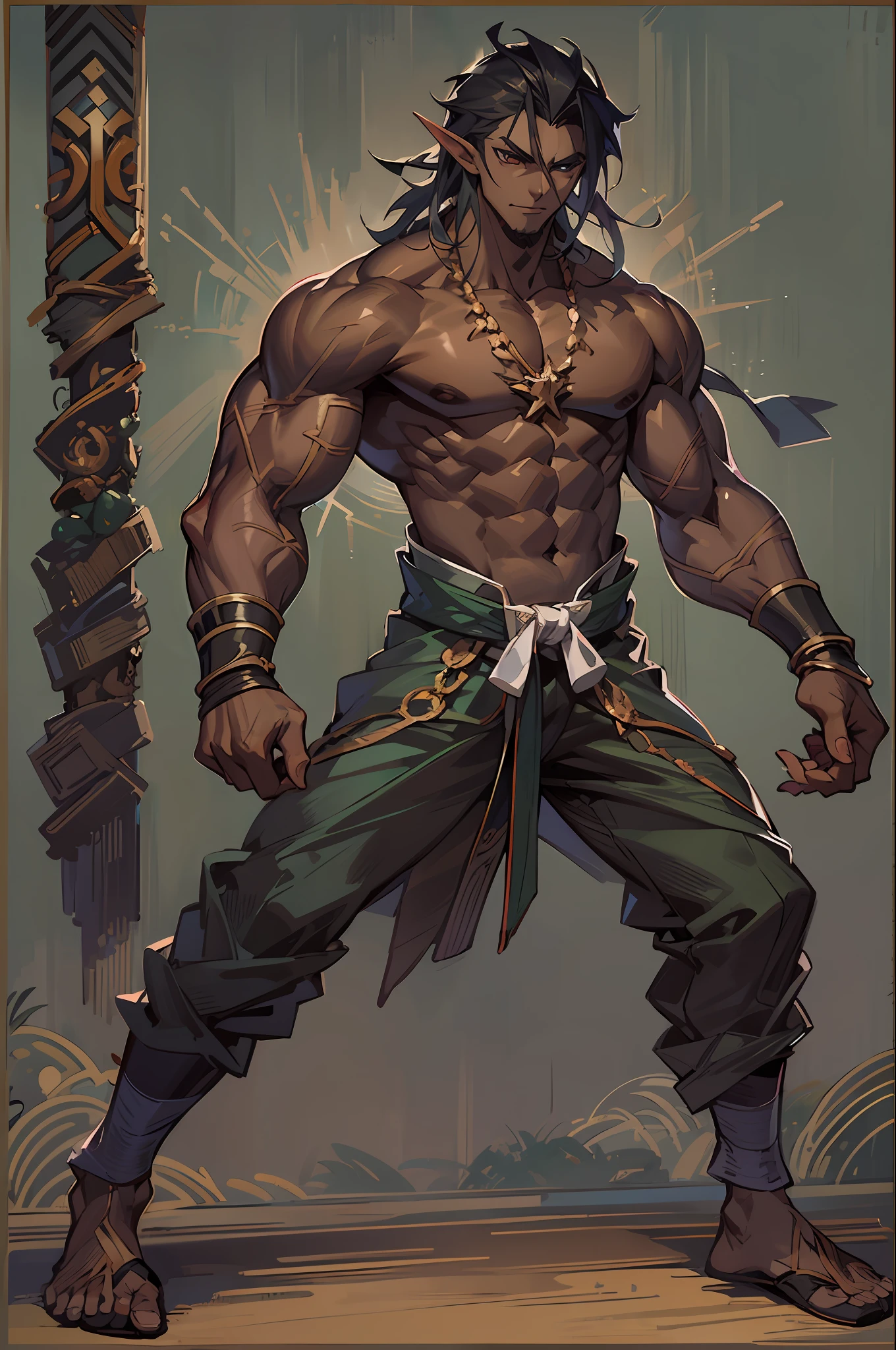 (tmasterpiece,top Quority,best qualtiy),pix,pixelart,the elf,full bodyesbian,(Dark skin),chest muscle,Abs,(Handsome male),Martial artist,bandagens