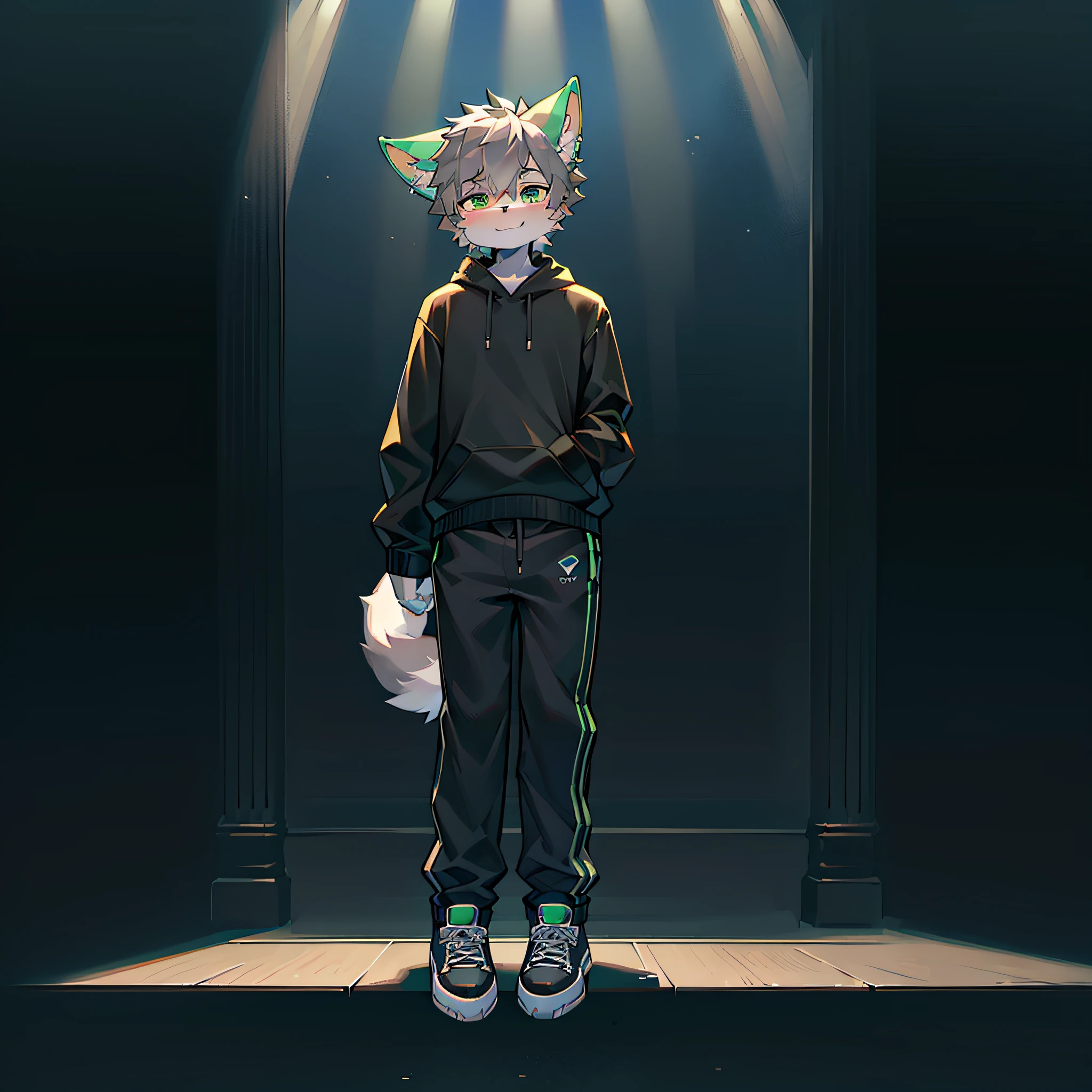 coyote,uploads_On_e621,,Furry_Male,short_Grey_Hair,Solo,，gray wolf,Green_Ear_Top,Black sweatshirt，black long pants，athletic sneakers，standing on your feet，Super cute face ，，Clear background，rays of sunshine，Skysky，ssmile