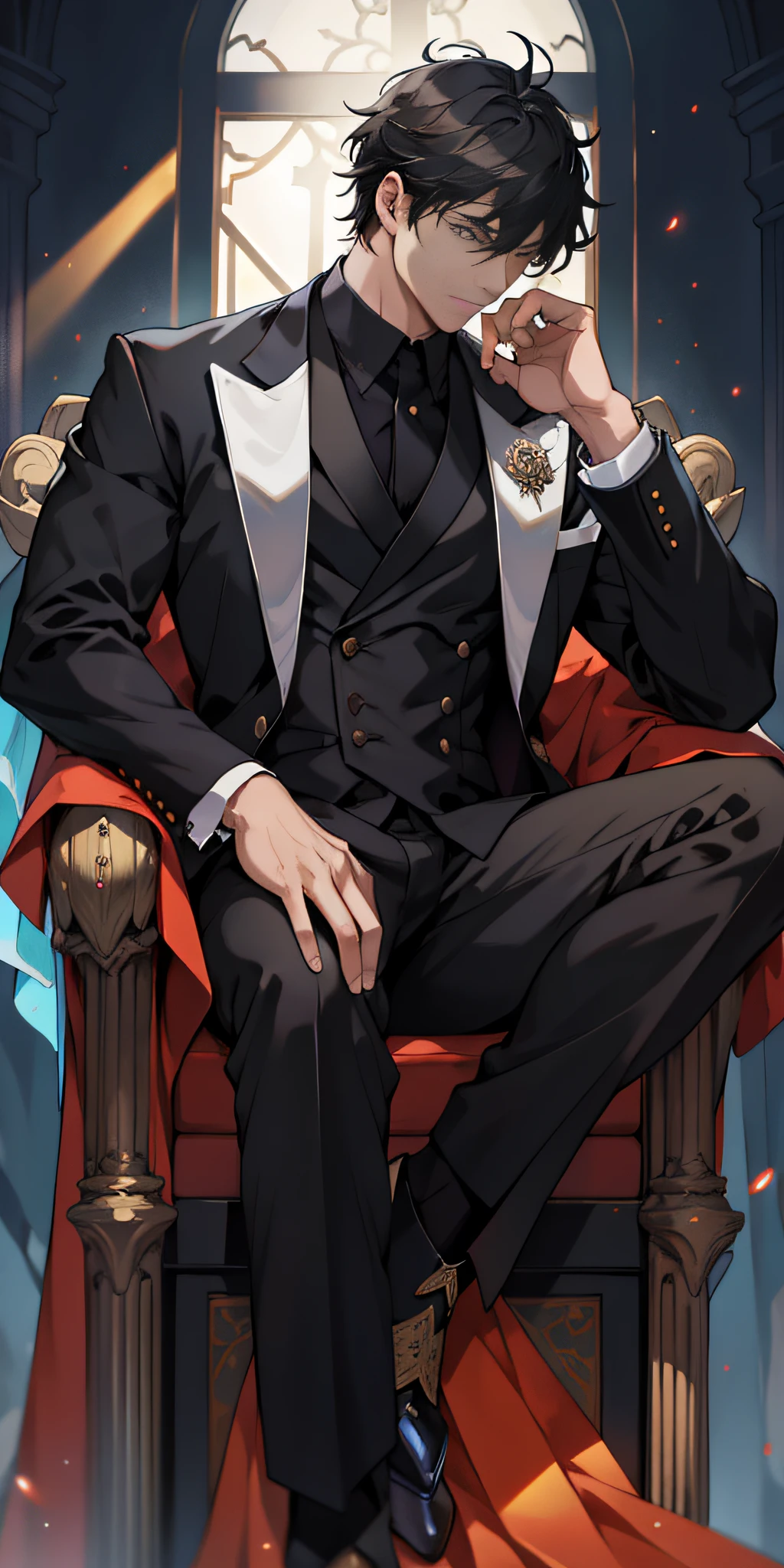 1male people、Adults、a handsome、tall muscular man、broad shoulder、Detailed eyes and detailed face、top-quality, masterpiece, hight resolution, Male Focus, 1 boy, 独奏, A dark-haired, Dunchen, verd s eyes, A detailed face, ighly detailed, Beautiful fece, beautiful lighting, Divine Rays, llight rays, Parti, depth of fields, Formal, (Eachcolorblockisclearlydistinguished:1.1), looking-down, side profile, Jaw,borgar、 The dim, twinks, Orange Light, There is a man sitting on a throne, Beautiful prince,Is sitting on the throne、Black clothe、校服、From below,Sitting,Old castle、long legged、oblique、natta、antique、Royal attire、 wearing a black noble suit、demon king、the emperor