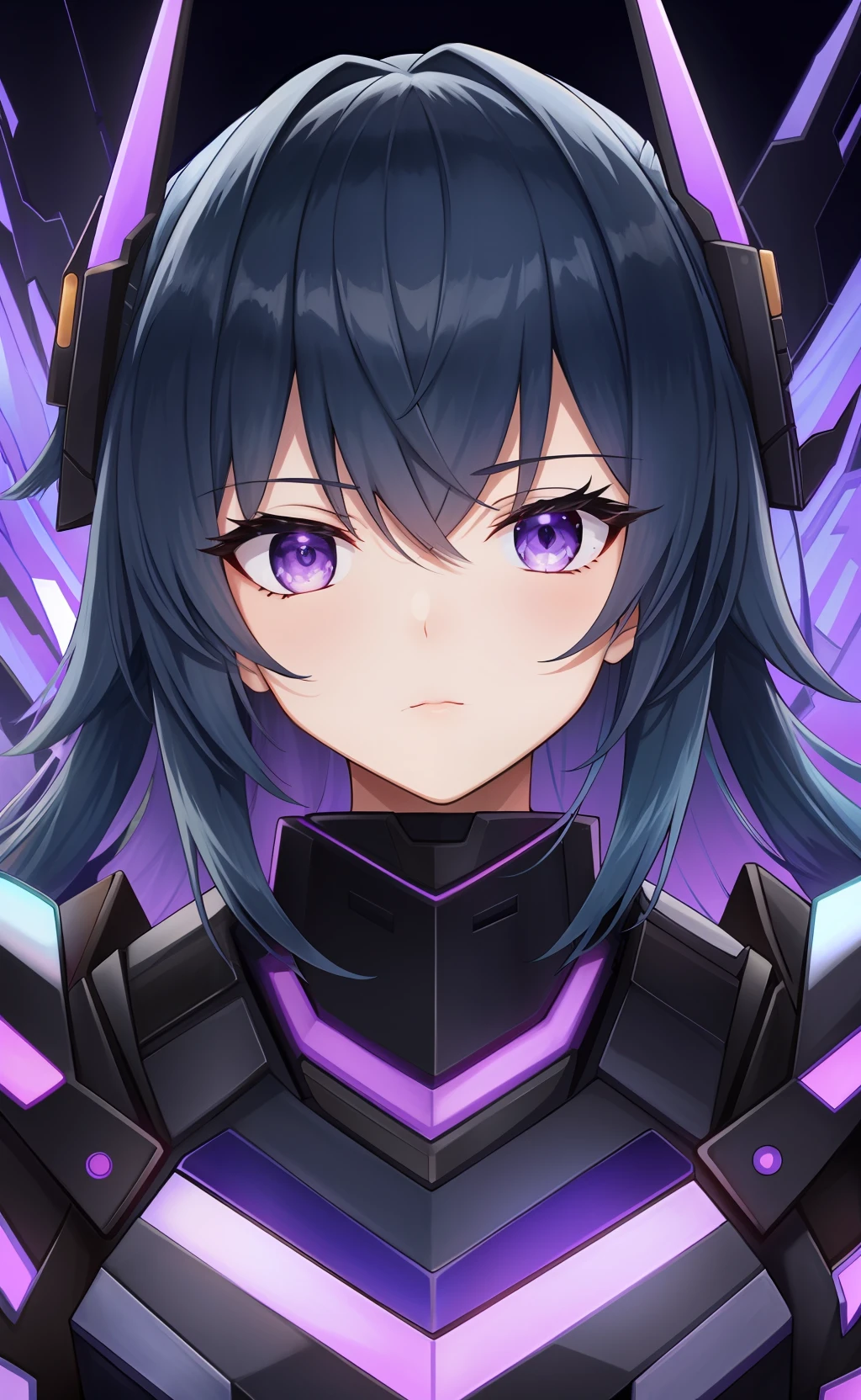 Half headshot，Violet eyes，dual horsetail，mechs，Purple cyberpunk，The mecha pattern is obvious， （tmasterpiece） （best qualtiy） （A detailed） （8k） （k hd） （the wallpaper） （cinmatic lighting） （Sharp focus） （iintricate）