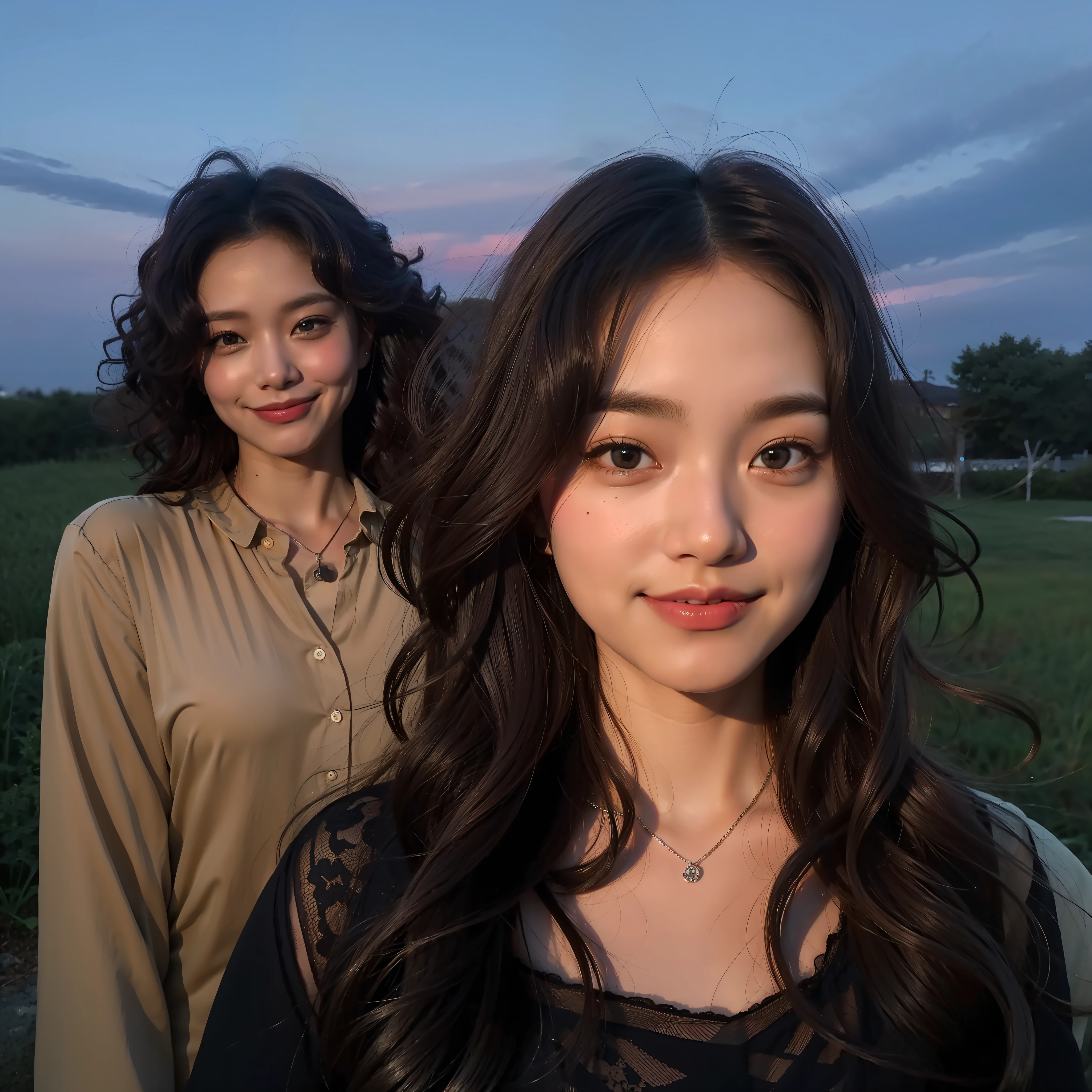 1girll,Fake smile,Curly hair,At dusk,deepshadow
