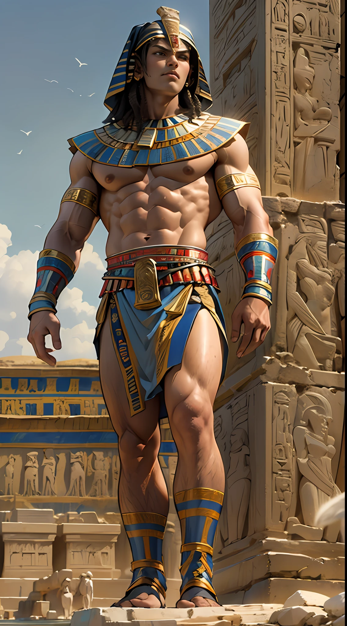 Powerful warrior, chest bared, lower body uncovered from thighs to feet, luxuriant long curls, meticulous muscle definition, photorealistic rendering, 4K resolution. Background: Ancient Egyptian temple complex,32k uhd, best quality, masterpiece, super detail, high details