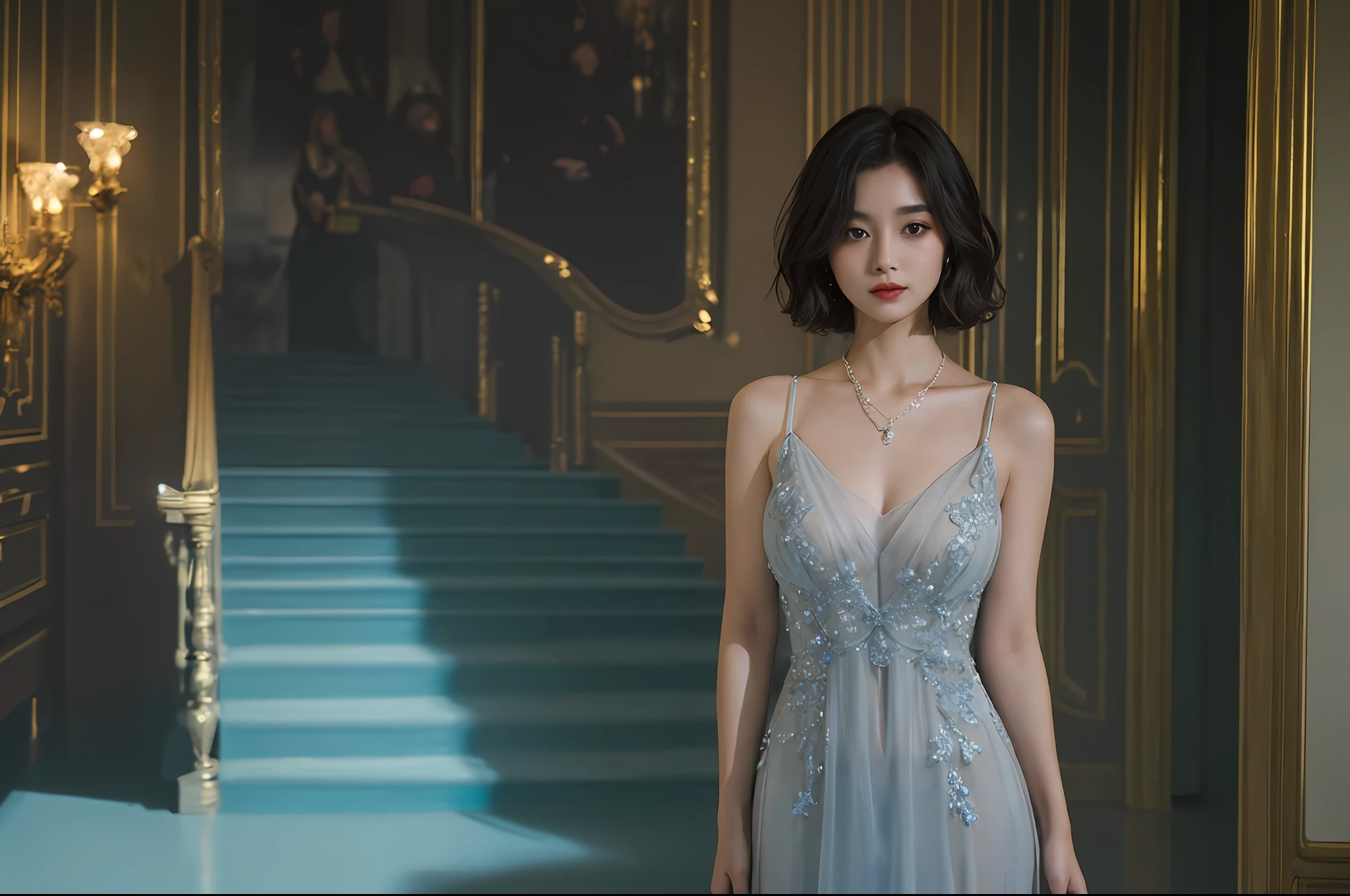 top-quality、​masterpiece、超A high resolution、(Photorealsitic:1.5)、Raw foto、1girl in、murky、deep-shadows、Unobtrusive、cold light、sexy appearance、shorth hair、((very_short_hair))、((Luxury evening dresses))、((Luxurious painting))、((Luxurious necklace))、((Luxurious hair ornaments))