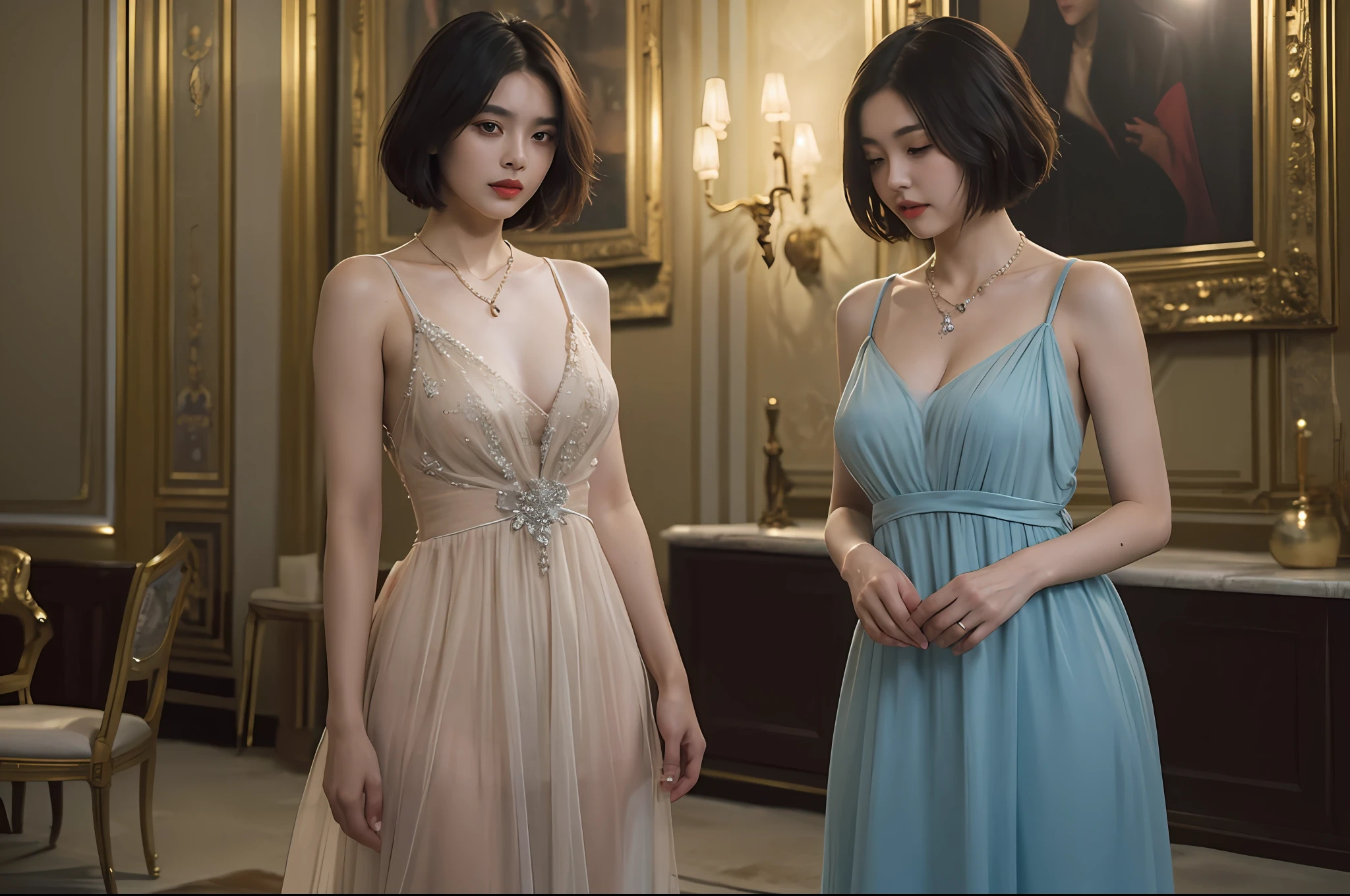 top-quality、masterpiece、超A high resolution、(Photorealsitic:1.5)、Raw foto、1girl in、murky、deep-shadows、Unobtrusive、cold light、sexy appearance、shorth hair、((very_short_hair))、((Luxury evening dresses))、((Luxurious painting))、((Luxurious necklace))、((Luxurious hair ornaments))