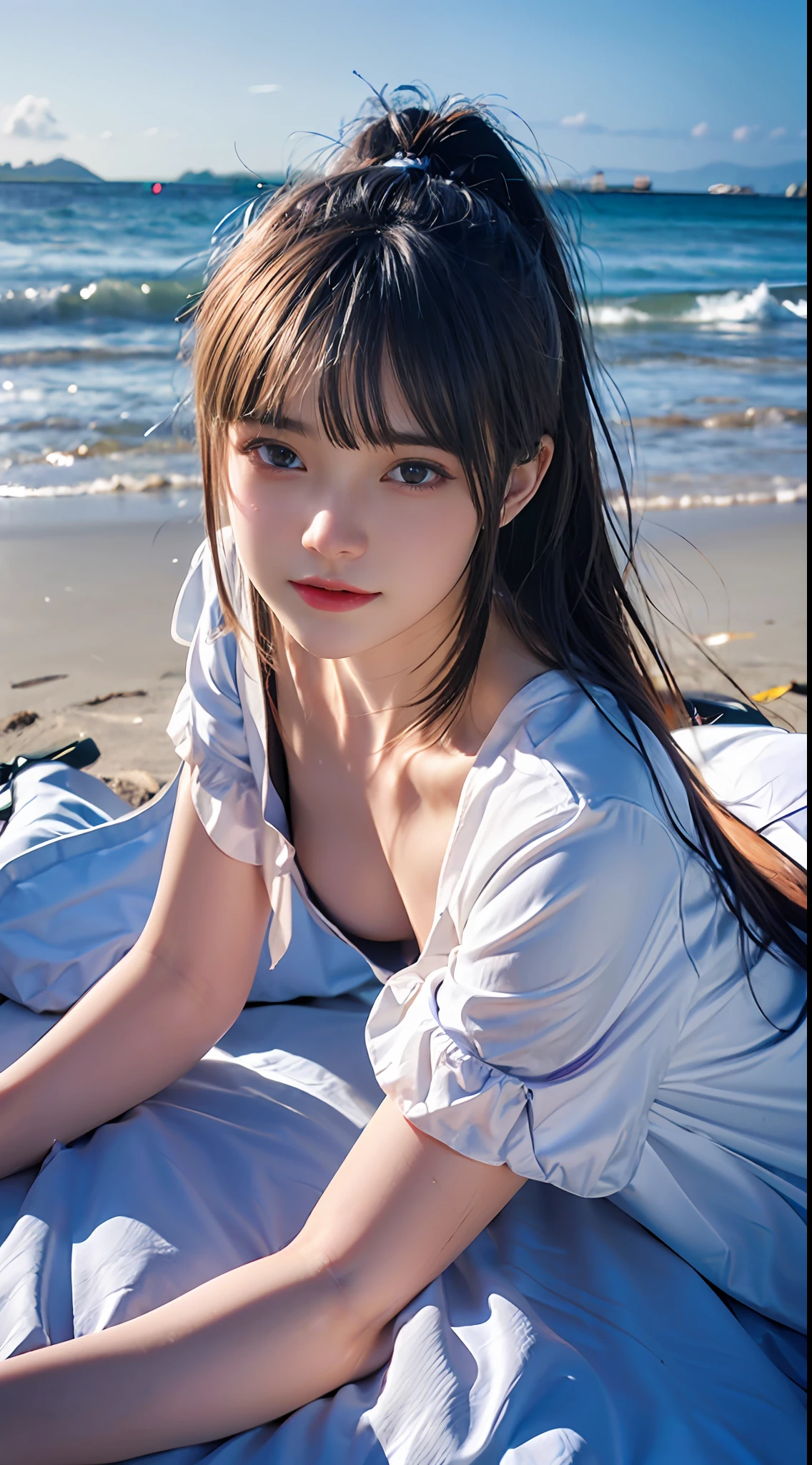 (middle breast:1.4), (Best quality, ultra high res, 1girl, (16 years old:1.4), ponytail, silver hair, light blue eyes, (photorealistic:1.4), god rays, 8k, masterpiece, UHD,lying on the beach
