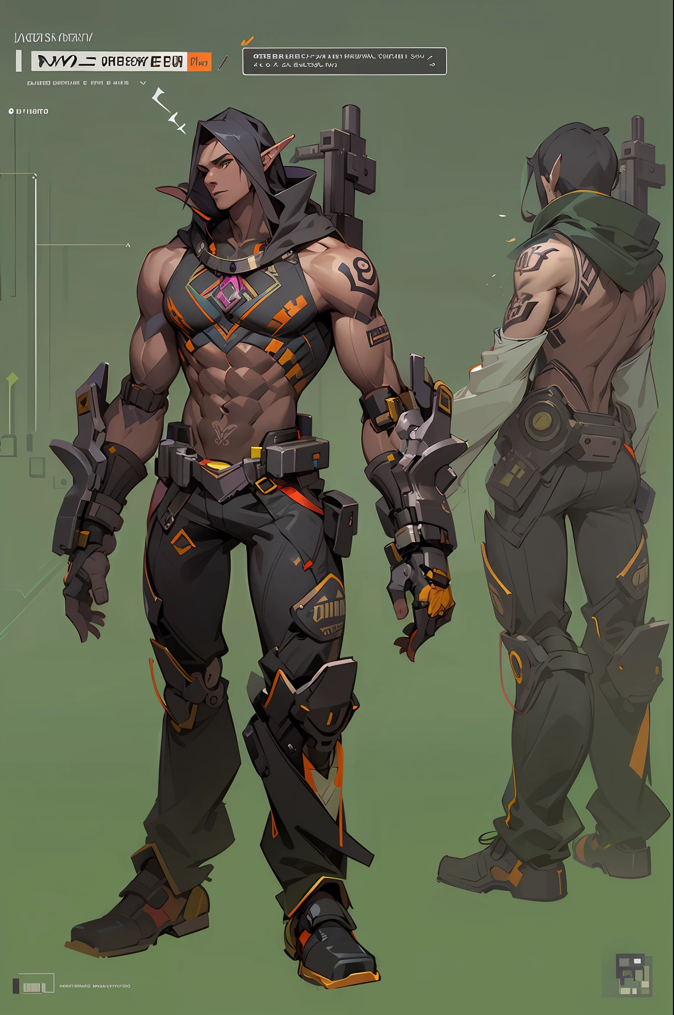 (tmasterpiece,top Quority,best qualtiy),pix,pixelart,the elf,full bodyesbian,(Dark skin),chest muscle,Abs,(Handsome male),Robotic arm,adeptus mechanicus,Tattooed with