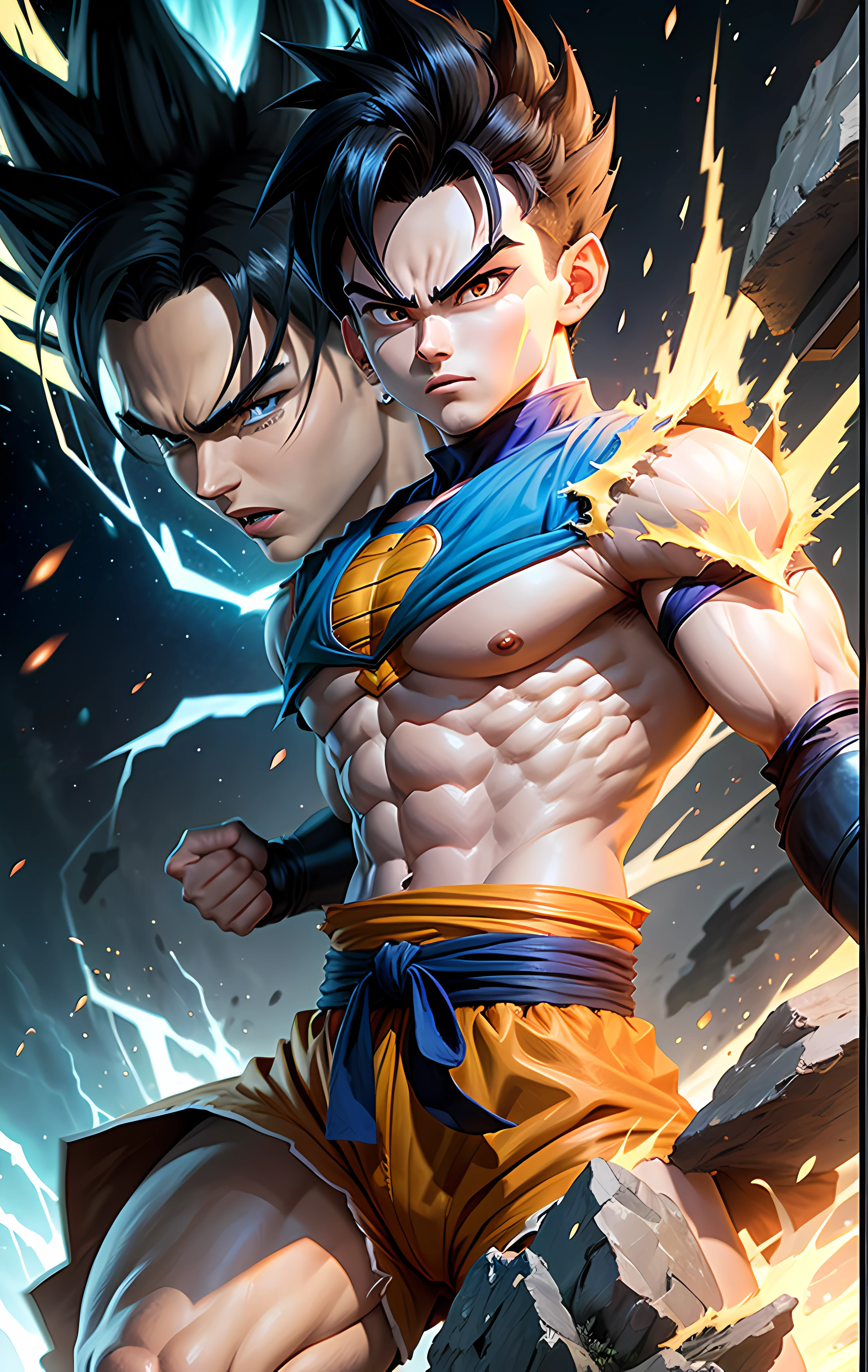 a cartoon image of a very young gohan with black hair, transforming into super blue saiyan, son goku, dragonball character,