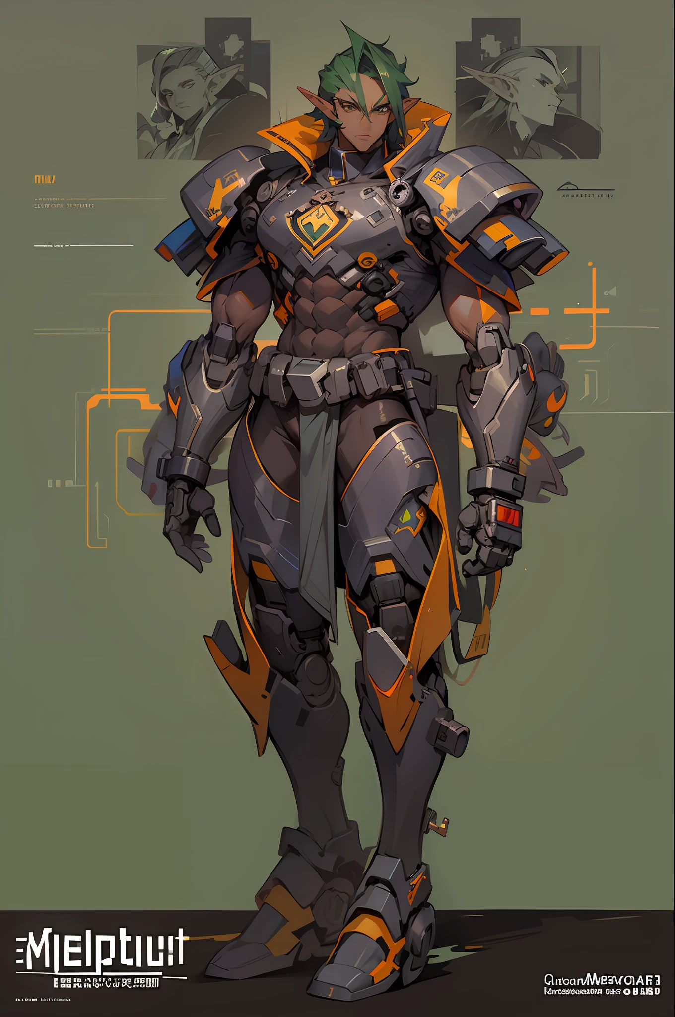 (tmasterpiece,top Quority,best qualtiy),pix,pixelart,the elf,full bodyesbian,(Dark skin),chest muscle,Abs,(Handsome male),Robotic arm,adeptus mechanicus,Tattooed with
