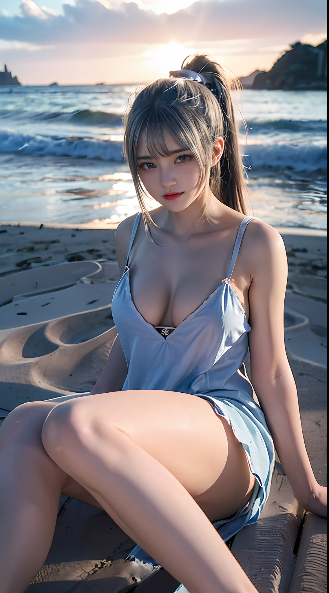 (middle breast:1.4), (Best quality, ultra high res, 1girl, (:1.4), ponytail, silver hair, light blue eyes, (photorealistic:1.4), god rays, 8k, masterpiece, UHD,lying on the beach