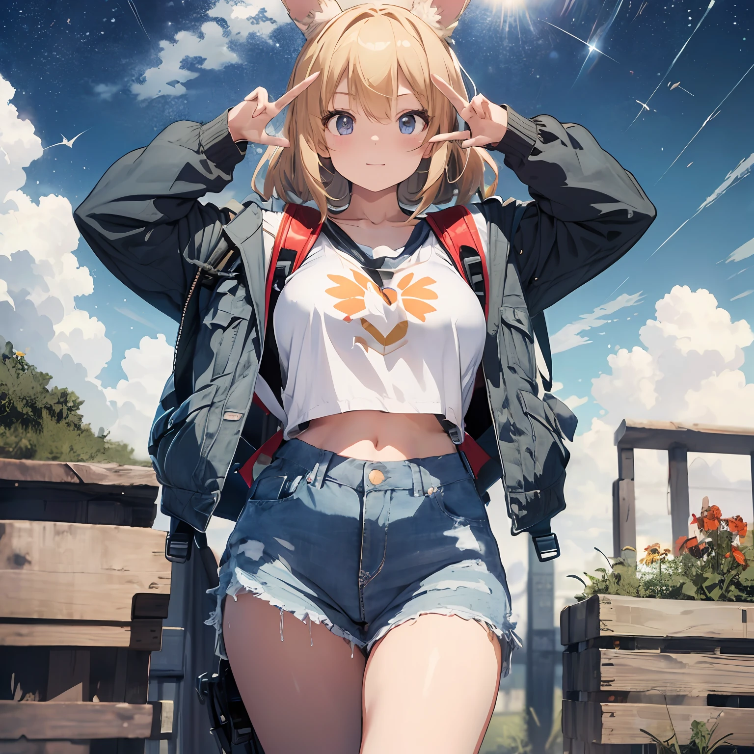 Peace sign with right hand close to face、Peace sign with left hand close to face、Happy、Active、Fusion of cropped sailor suit and sleeveless denim jacket、Low Rise Denim Hot Pants、Sun flower、Thick eyebrows、Chest、(Huge backpack:1.5)、Beautiful blonde hair、Rabbit ears、(​masterpiece)、((top-quality))、(ultra-detailliert)、（in 8K）、Full Body Anime Girl、Clean and detailed anime face、High Resolution Anime Eyes、Five Fingers、nffsw(HighDynamicRange)、The perfect human structure、