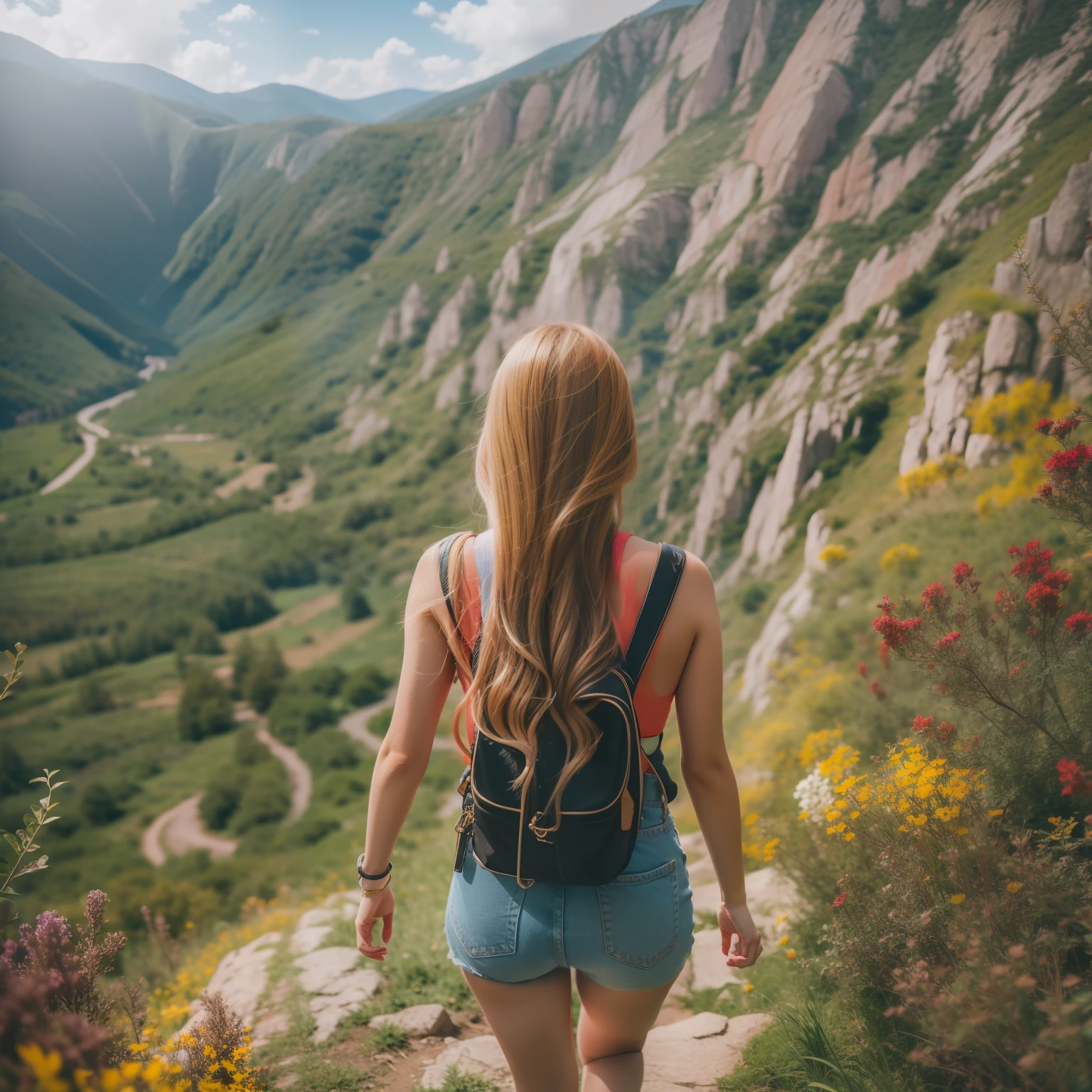 A girl is feeling the nature, colourful, summer vibe, hiking view, from behind, raw photo, masterpiece, hyperrealistic, maximum detailed photo, ultra resolution, winning award photo