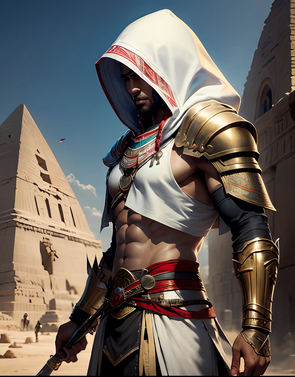 arafed image of a man in a hood holding a sword, egyptian warrior, egyptian samurai, assassin's creed, assassins creed, the egyptian god, egyptian, assasin, pharaoh, egypt, pharoah, maximus jacobs, egyptian god, accurate to egyptian tradition, brown skin man egyptian prince, egypt god, seshat, egyptian clothing, assassin, pharaoh clothes --auto