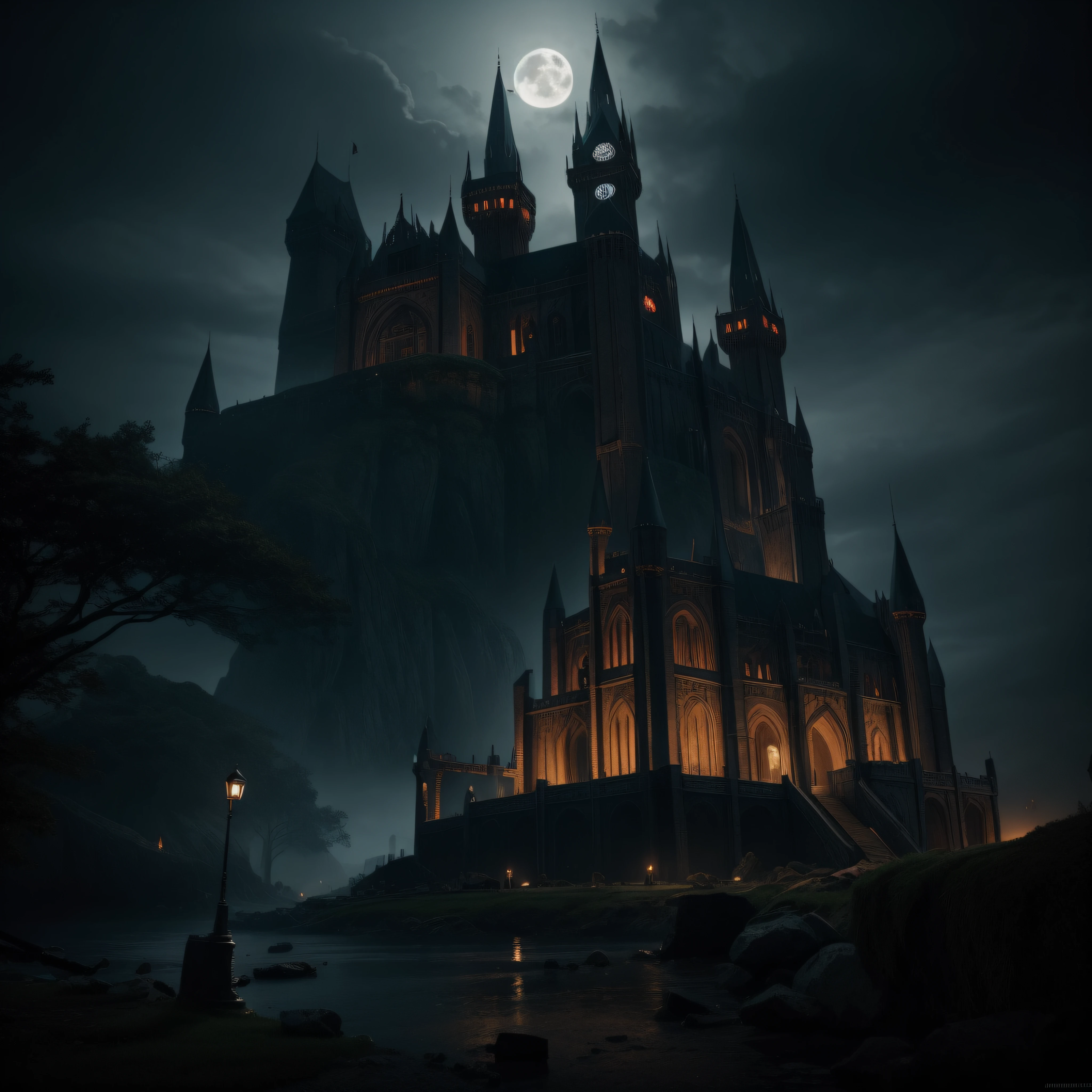 Big Dark age castle, gothic style, dark night, crescent moon, dark theme, ravens, Gotham city castle,BREAK,Detailed,Realistic,4k highly detailed digital art,octane render, bioluminescent, BREAK 8K resolution concept art, realism,by Mappa studios,masterpiece,best quality,official art,illustration,ligne claire,(dark_color),perfect composition,absurdres, fantasy,focused,rule of third