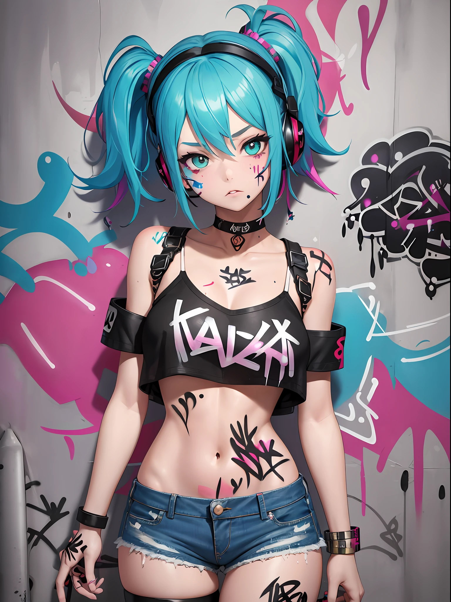 masterpiece, best quality, 1girl, solo, crop top, denim shorts, choker, (graffiti:1.5), paint splatter, arms behind back, against wall, looking at viewer, armband, thigh strap, paint on body, head tilt, bored, multicolored hair, aqua eyes, headset,