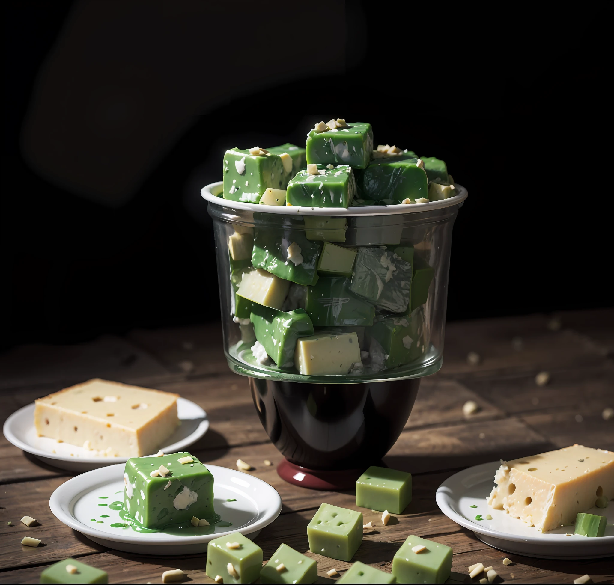 Perfect image quality,8K,Product composition,Plastic cups,Plastic texture,Green yogurt cubes,Food texture,3Drenderingof,material,3D modeling,cheeses,nuts,Mung bean cake, food advertisement, Official product image,