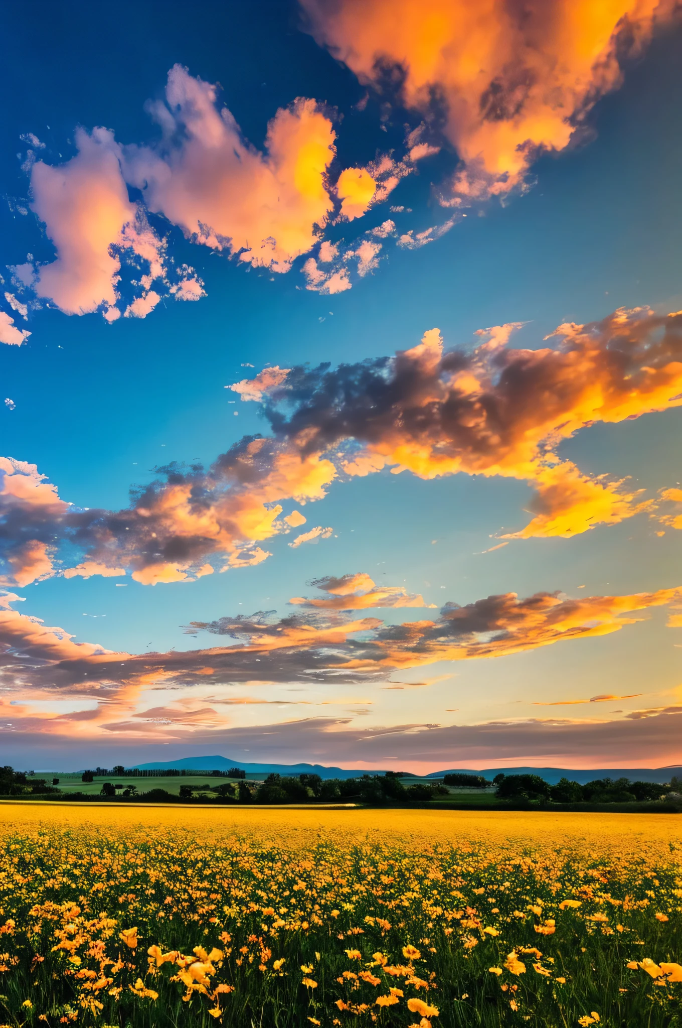 Field view with flowers and sunset in the background, stunning nature in background, Amazing sky, Breathtaking clouds, beautiful and spectacular dusk, stunning skies, beautiful epic vista, breathtaking landscape, epic sunrise, epic stunning atmosphere, amazing landscape in background, Magnificent background, epic sunset, cloud vortex, epic and stunning, epic scenic shot, stunning skies, epic sky --auto