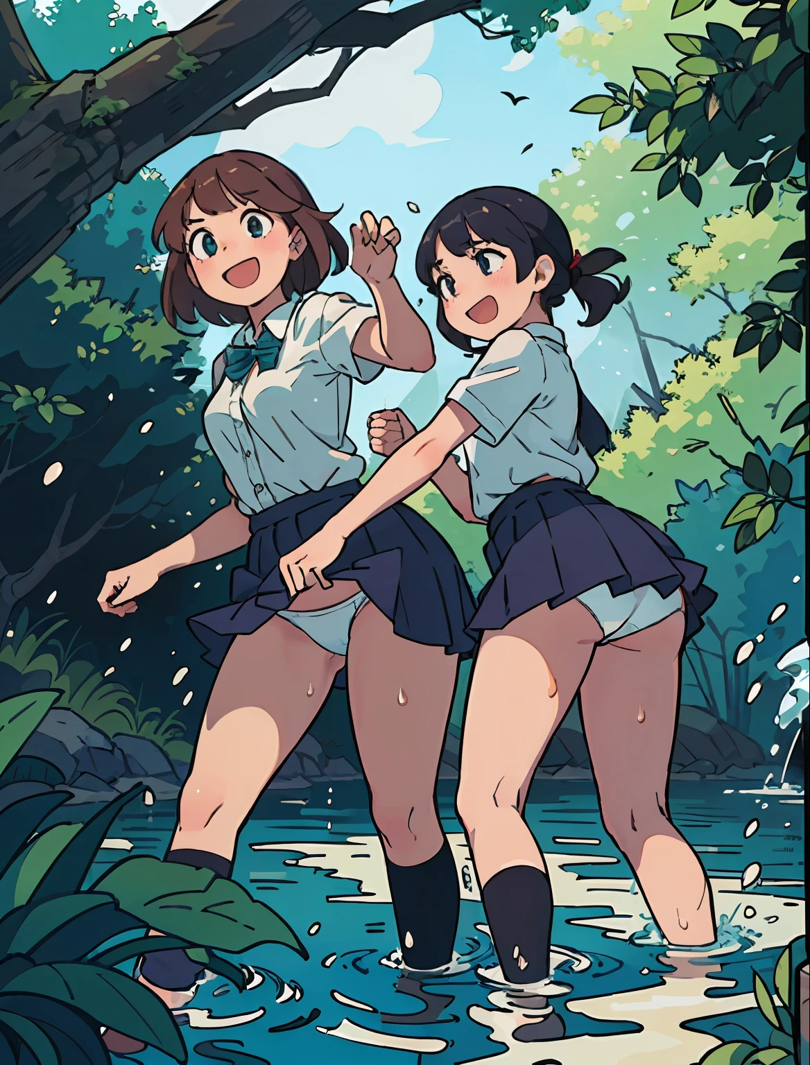 (masterpiece:1.2, best quality), (highly detailed:1.3), 2girls, schoolgirls, school uniform, upskirt, white panties, walk in water in a forest lake, wet shirt, fun, laugh, bright