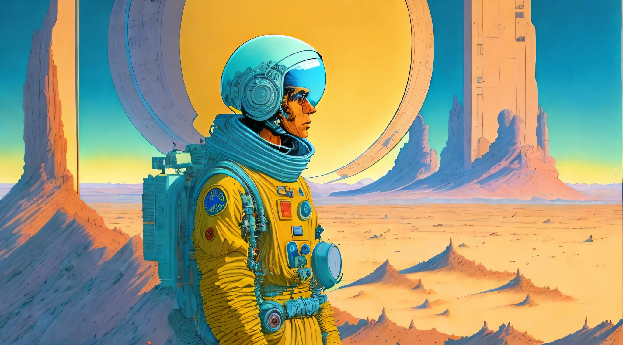 a painting of a Astronauts in Space Suit, investigating strange buildings, alien planet, ringed planet by Moebius Jean Giraud