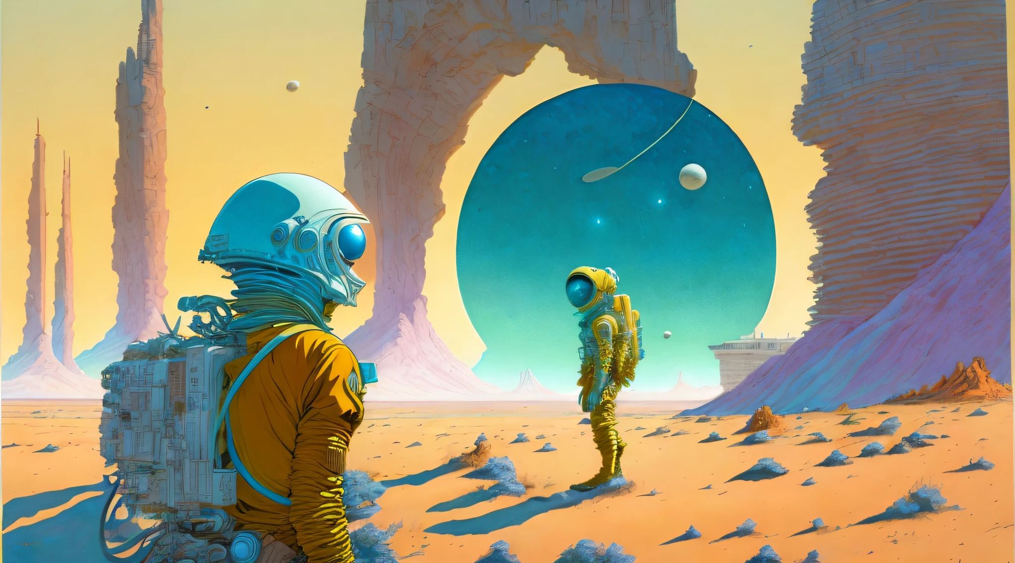 a painting of a Astronauts in Space Suit, investigating strange buildings, alien planet, ringed planet by Moebius Jean Giraud