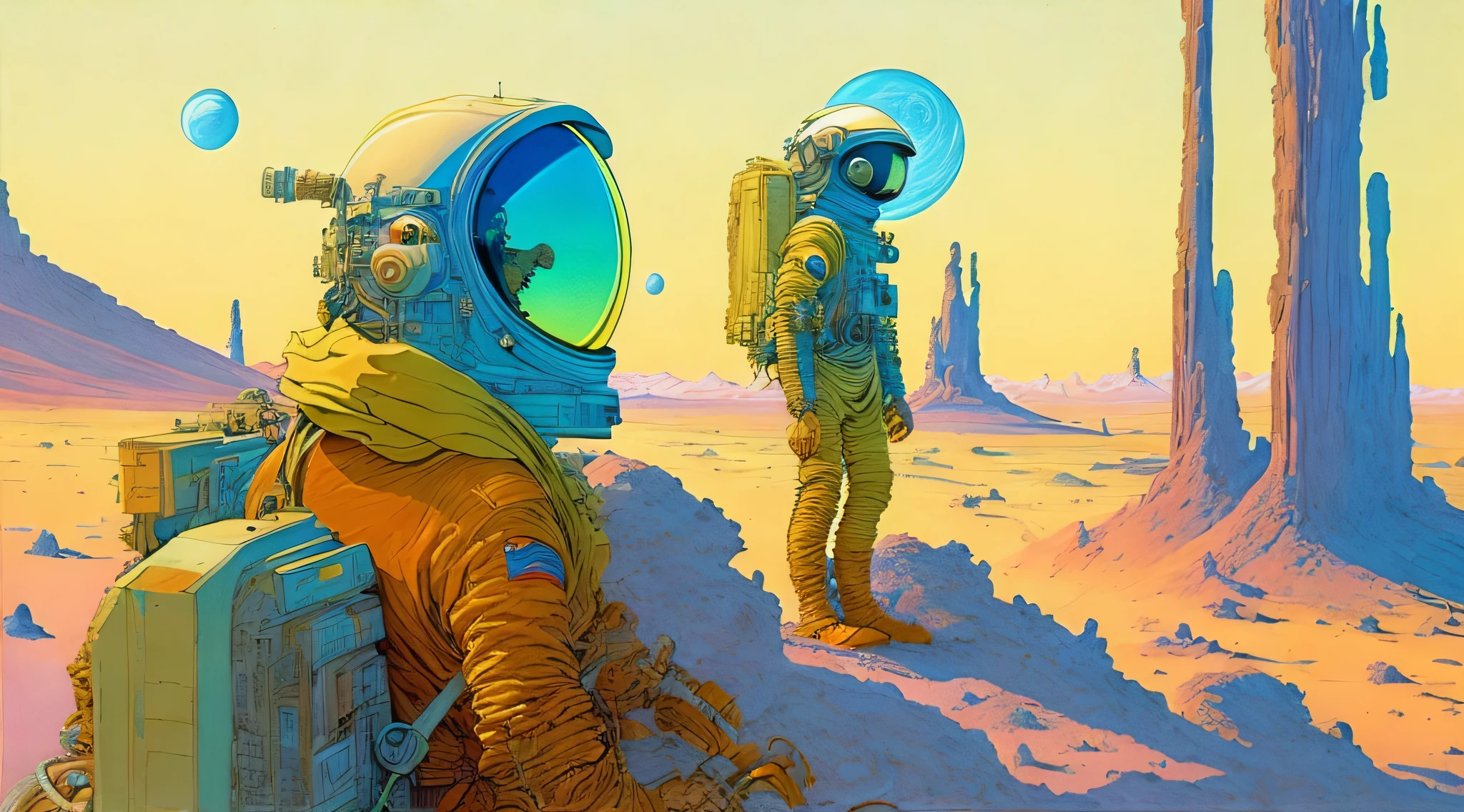 a painting of a Astronauts in Space Suit, investigating strange buildings, alien planet, ringed planet by Moebius Jean Giraud