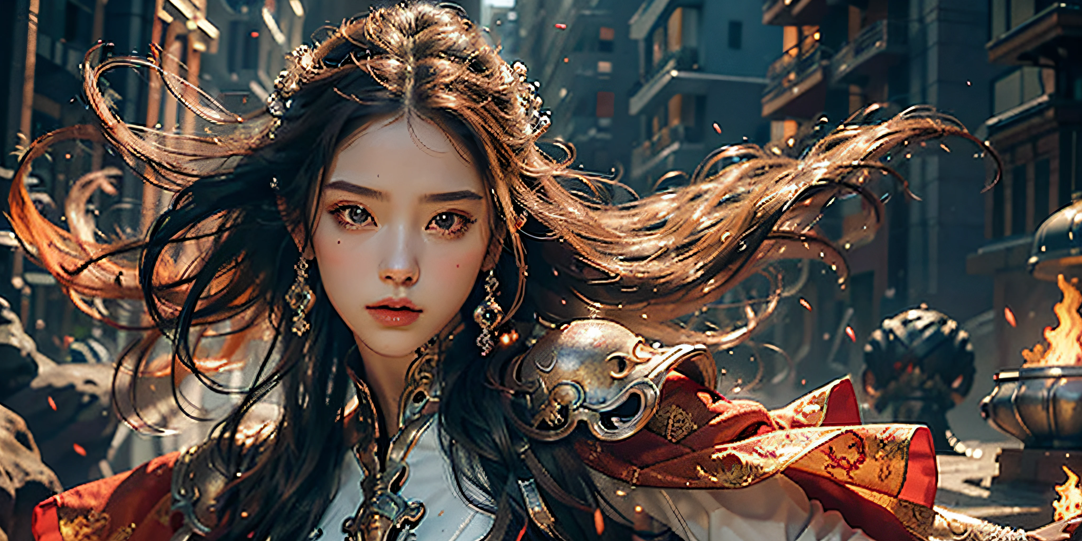 {{master piece}}, pinnacle rendering, realistic rendering, dark red rendering, metal rendering, {{color ink painting}}}, {{splash ink}}}, {{color}}, {{color}}, gorgeous rendering, best quality, illustration, flame, smoke, doomsday world, splash ink fire sea doomsday, full body, 1 girl, exquisite facial details, delicate facial features, real face, beautiful details eyes, deep pupils, broken city details, beautiful details long hair, wavy hair, broken details, transparent mechanical core, cyborg girl, details, cool, tight grooming, lace finishing, linear light costume modification, light rendering, reflection, highlight, holy light, confidence, charm, battle stance detail close-up, fire day, {filigree}, colored background, a dragon stands behind the girl, sea of fire, {tornado special effects}, beautiful details silver dragon armor, (cold face, confident) great depth, depth of field, 360° panoramic picture, fierce and magnificent battle scenes, broken mirrors, fingers all hidden and not displayed, small mouth closed