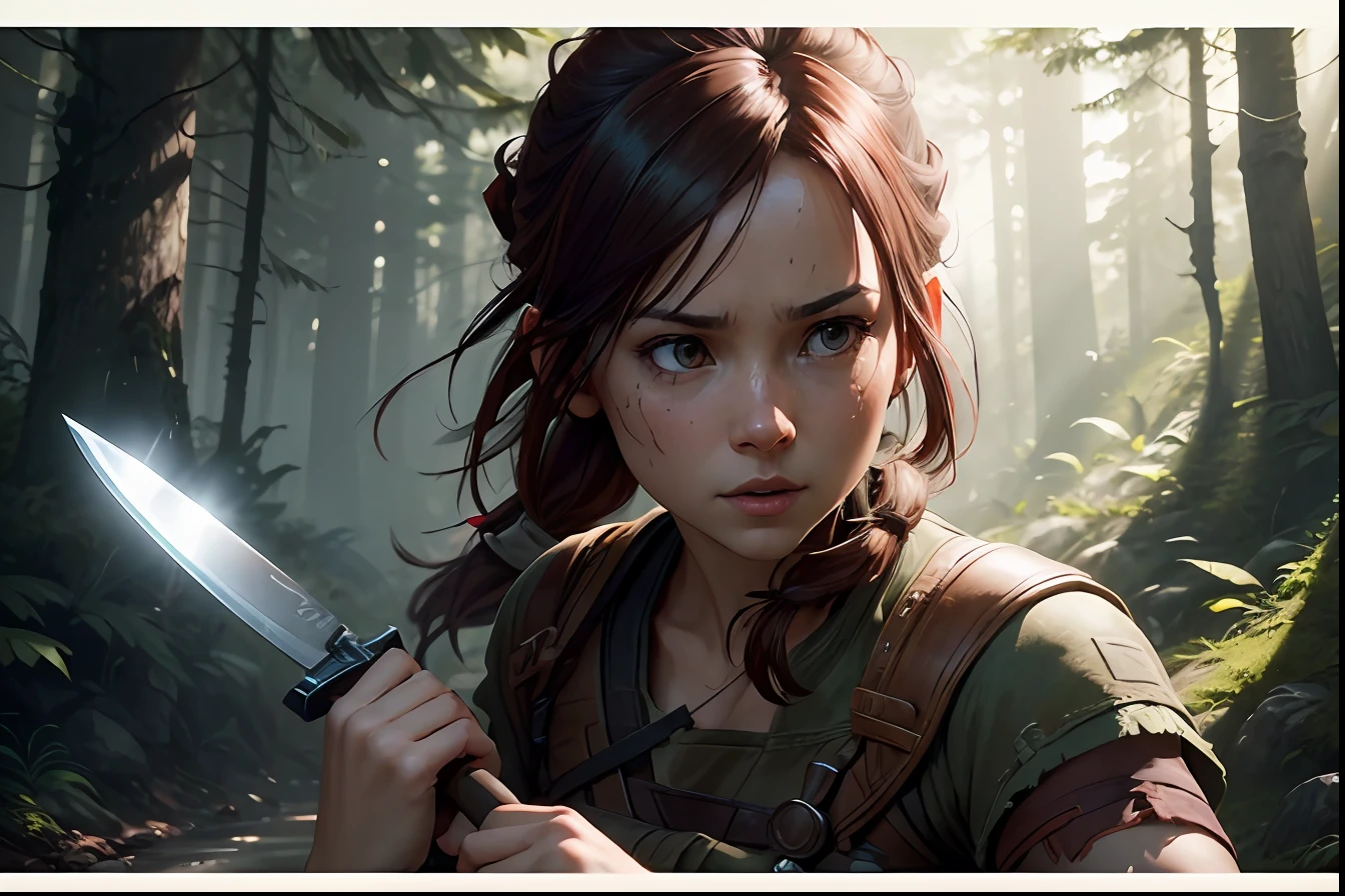 a close up of a woman holding a knife in a forest, ps5 cinematic screen capture, video game screenshot>, rey, ps 4 in - game cinematic, aloy, female lead character, solo female character, female protagonist, in-game cinematic, from horizon: zero down, video game screenshot, ellie (last of us), female protagonist 👀 :8 --auto