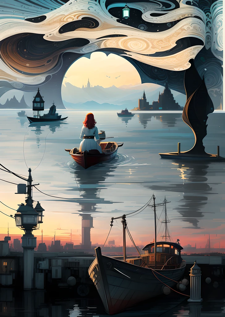 there is a woman sitting on a boat in the water, in style of digital illustration, an illustration of inspired by Victo Ngai, cyril rolando and m.Kaluta, cyril rolando and m. Kaluta, inspired by Tim Doyle, victo ngai. illusory engine, in style of digital painting, lan mcque, very coherent stylized artwork