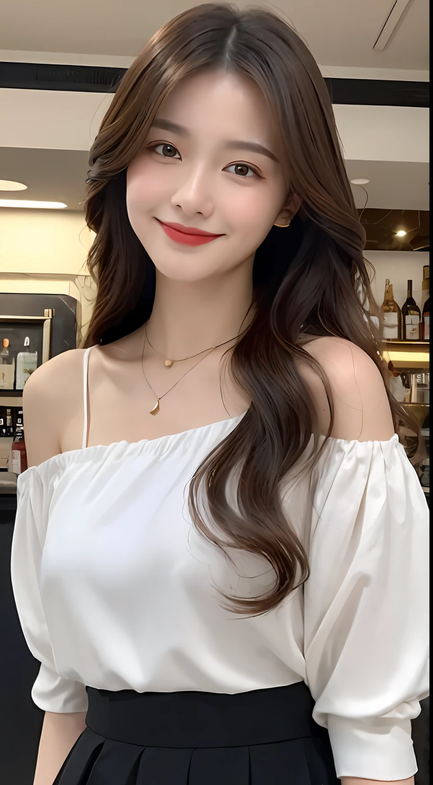 A superb exquisite real beautiful girl, golden long curly hair, extremely exquisite facial features, peerless beautiful girl, collarbone off-the-shoulder, white crop top shirt, black JK skirt, exposed legs, sweet smile, soft, dreamy quality, light white and dark brown, exaggerated facial features, solid color, frank off-white, surreal, blue gemstone necklace, ultra-clear, beautiful young girl, cute and lively, super short leggings, background at the bar counter