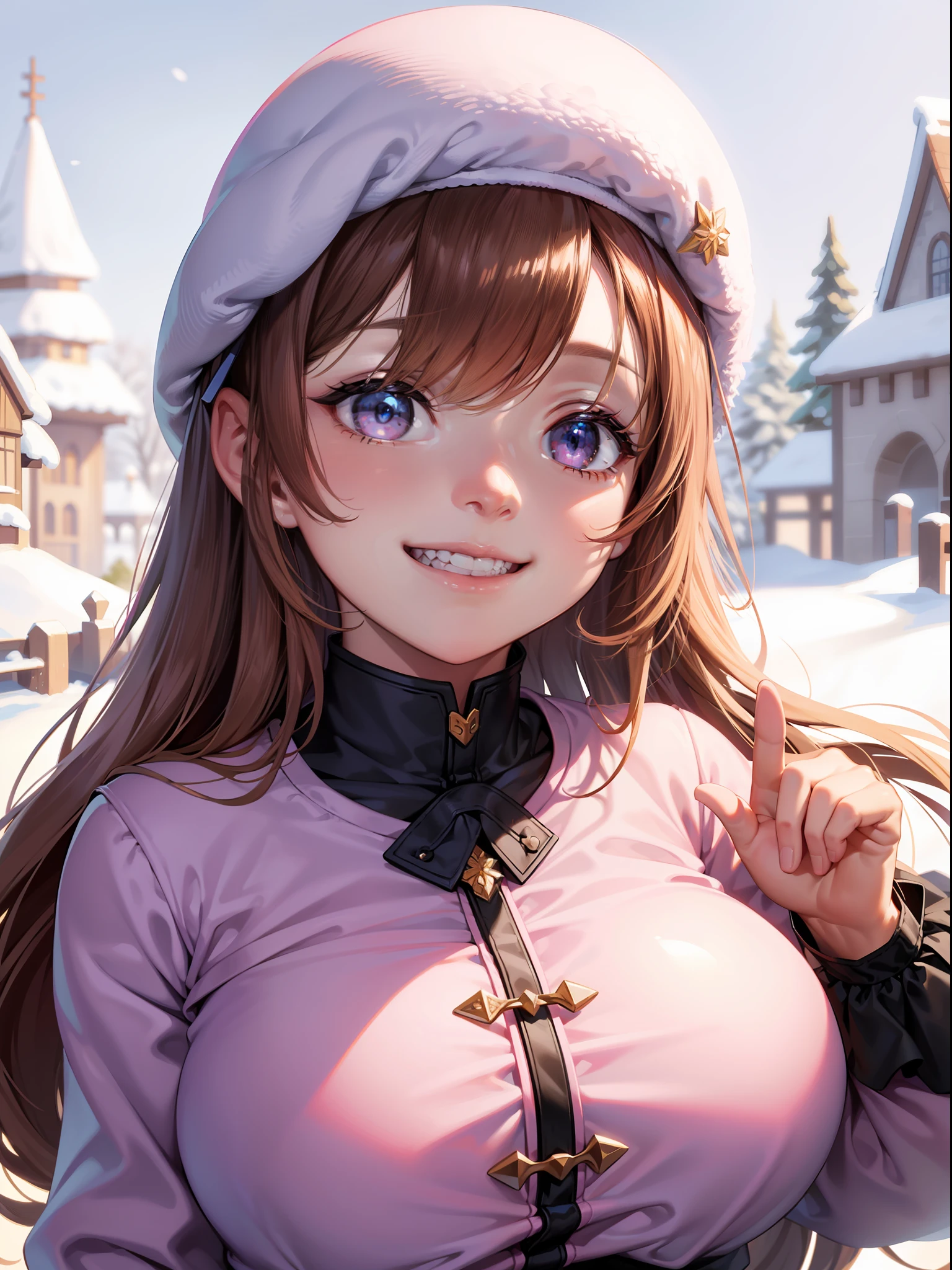 wallpaper hd，Close-up Shot Shot，Close-up Shot Shot，wallpaper hd ，Bust avatar，Pink model girl, Snow style, Eye-catching, Soft Shading, light-brown long hair，A smile that shows his teeth，
