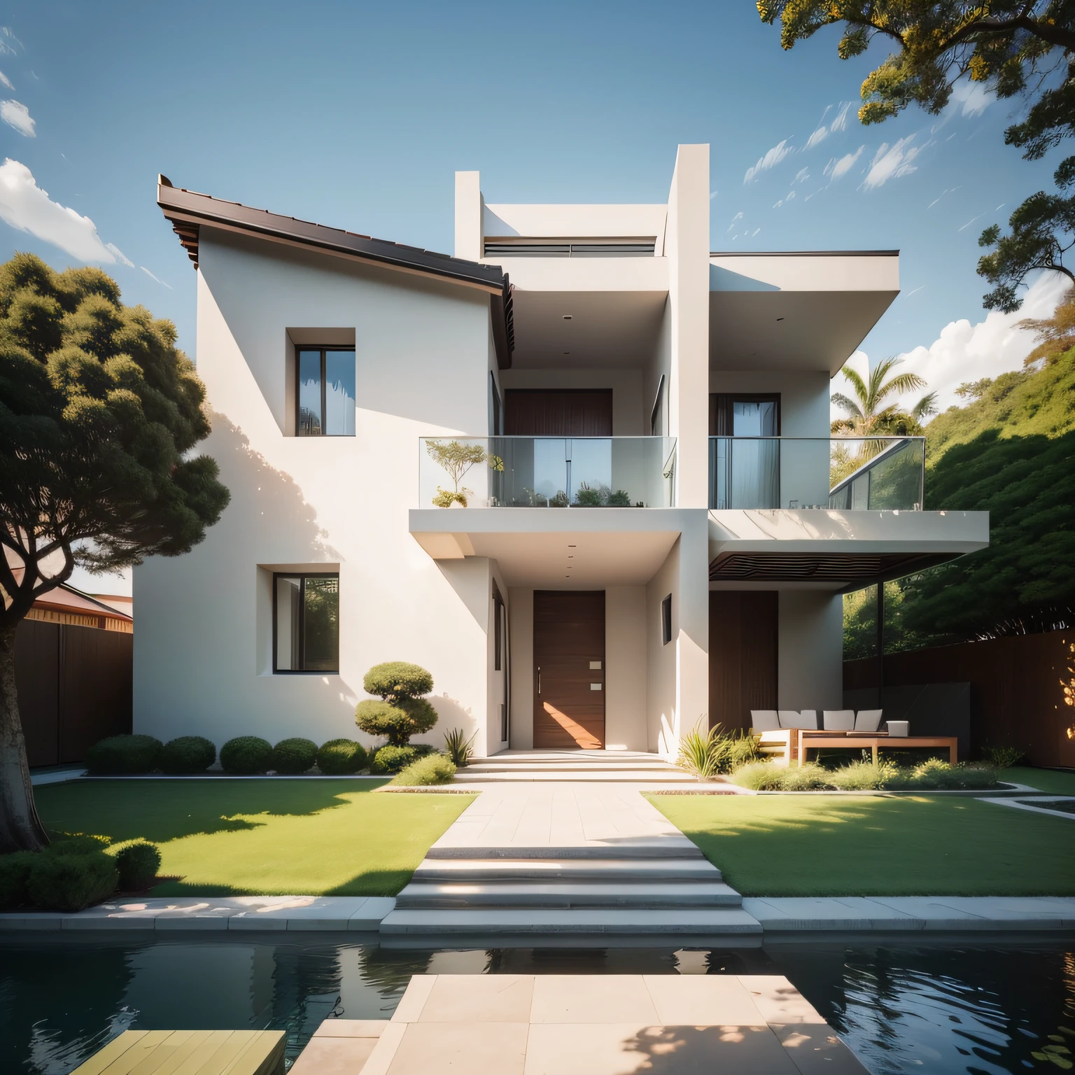 You're a talented designer tasked with creating a stunning image of a modern townhouse for the landing page of the new real estate website "Home of Real Estate Dreams". Nesta imagem, The focus is on the front of the house, where an elegant lawn is carefully maintained, allowing the spacious Land Rover car to enter without damaging the green beauty.
Localizada ao norte, The house is illuminated by the soft glow of daylight, destacando sua arquitetura moderna e linhas sofisticadas. The scene is meticulously designed to capture the attention of visitors, providing a unique view of the house in its secluded tranquility, no neighborhood or residents around.