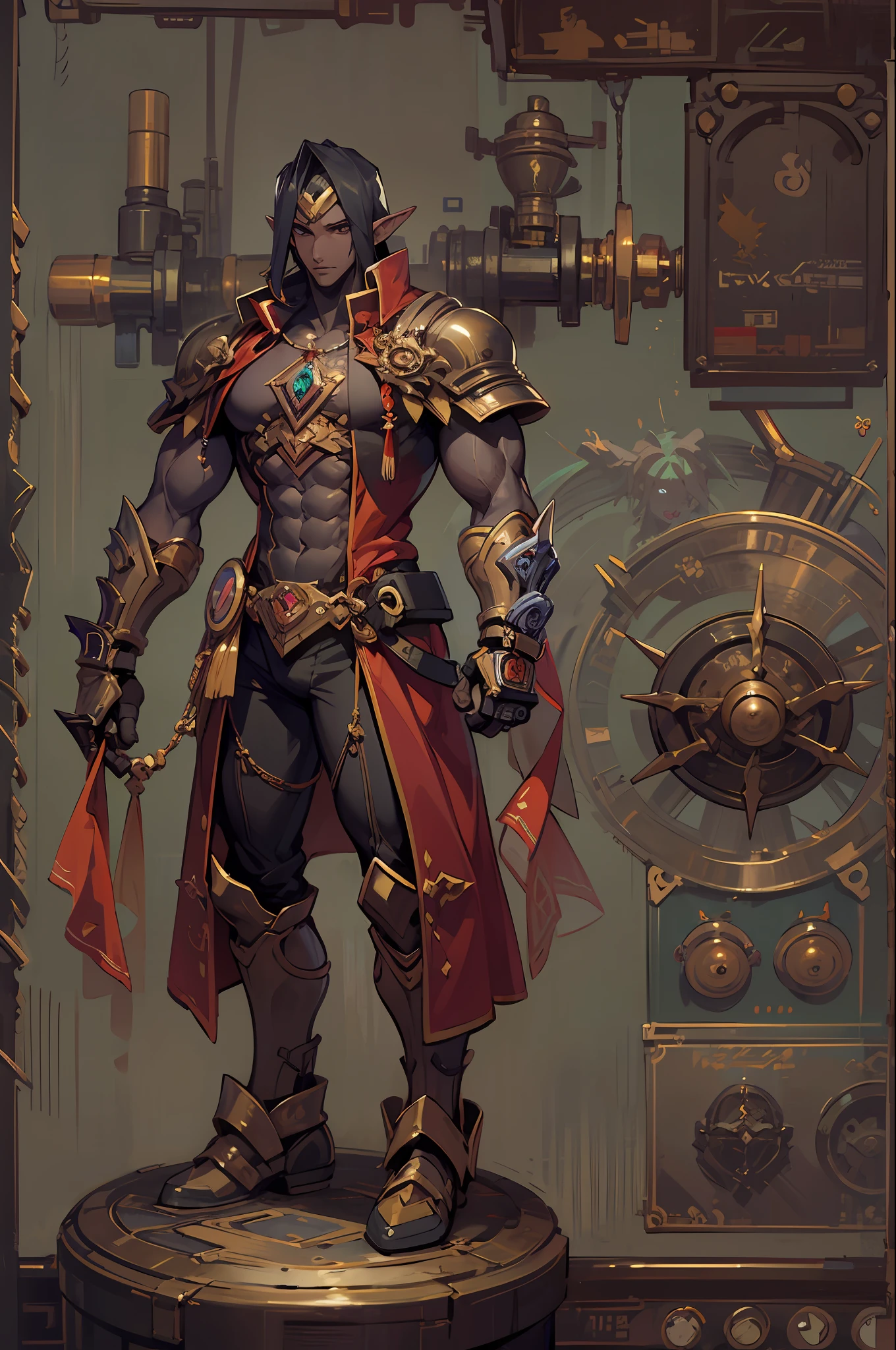 (tmasterpiece,top Quority,best qualtiy),pix,pixelart,the elf,full bodyesbian,(Dark skin),chest muscle,Abs,(Handsome male),Local machinery,adeptus mechanicus,Tattooed with