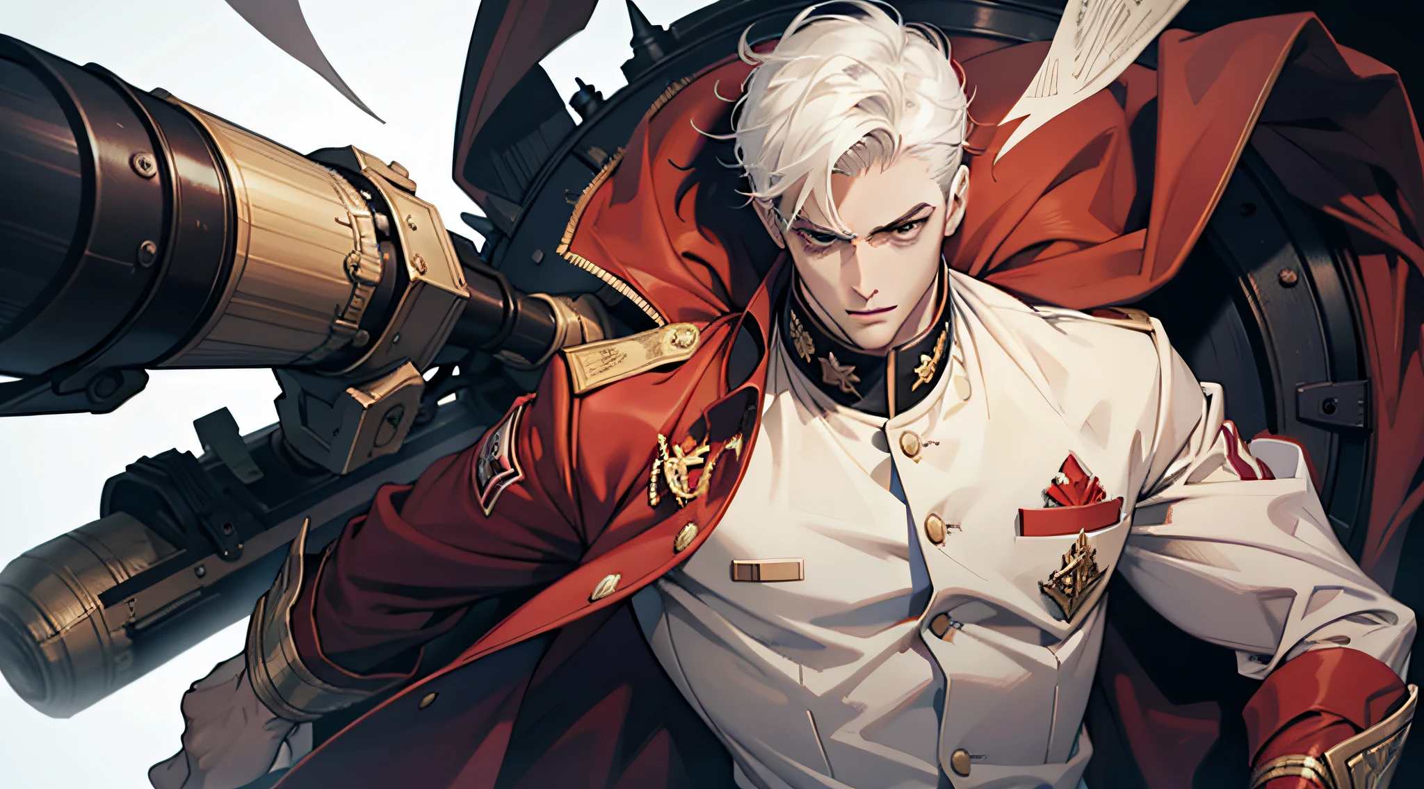 "Short white hair，Prosecutor in a red suit，Handsome man，The is very detailed"