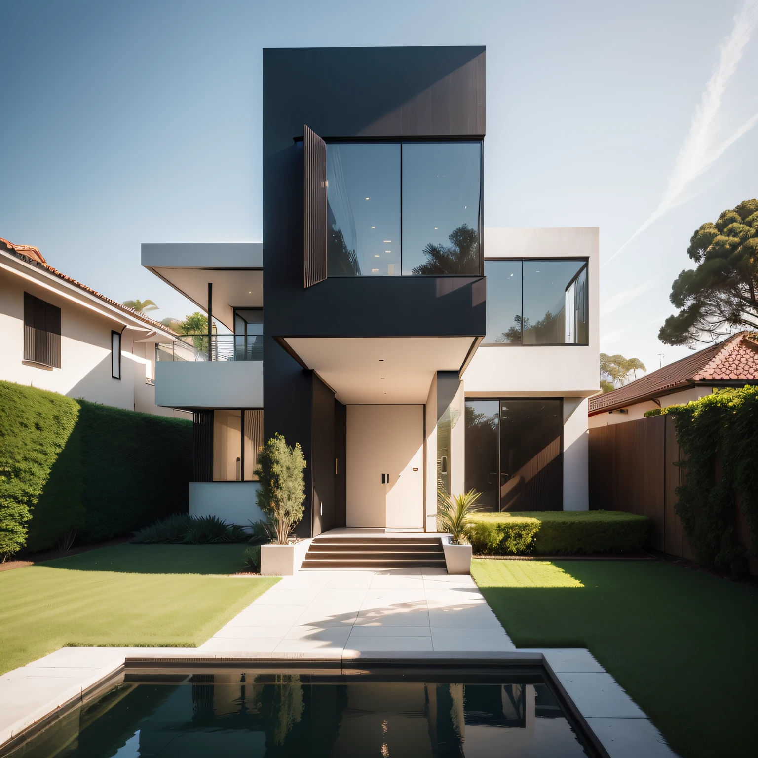 You're a talented designer tasked with creating a stunning image of a modern townhouse for the landing page of the new real estate website "Home of Real Estate Dreams". Nesta imagem, The focus is on the front of the house, where an elegant lawn is carefully maintained, allowing the spacious Land Rover car to enter without damaging the green beauty.

Localizada ao norte, The house is illuminated by the soft glow of daylight, destacando sua arquitetura moderna e linhas sofisticadas. The scene is meticulously designed to capture the attention of visitors, providing a unique view of the house in its secluded tranquility, no neighborhood or residents around.