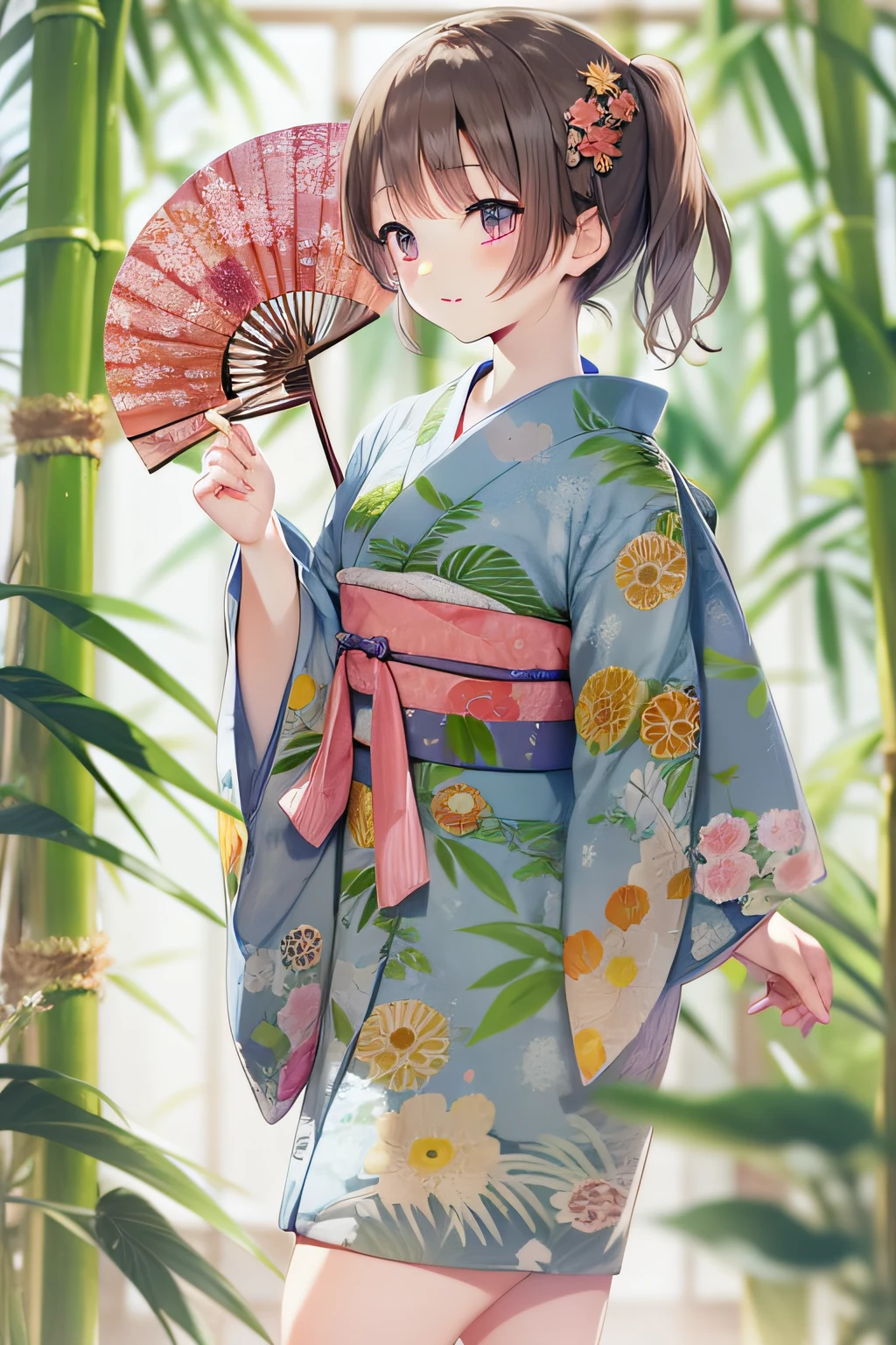 Japan Anime、Tanabata、Yukata girls、20yr old、folding fan、bamboo grass、veranda