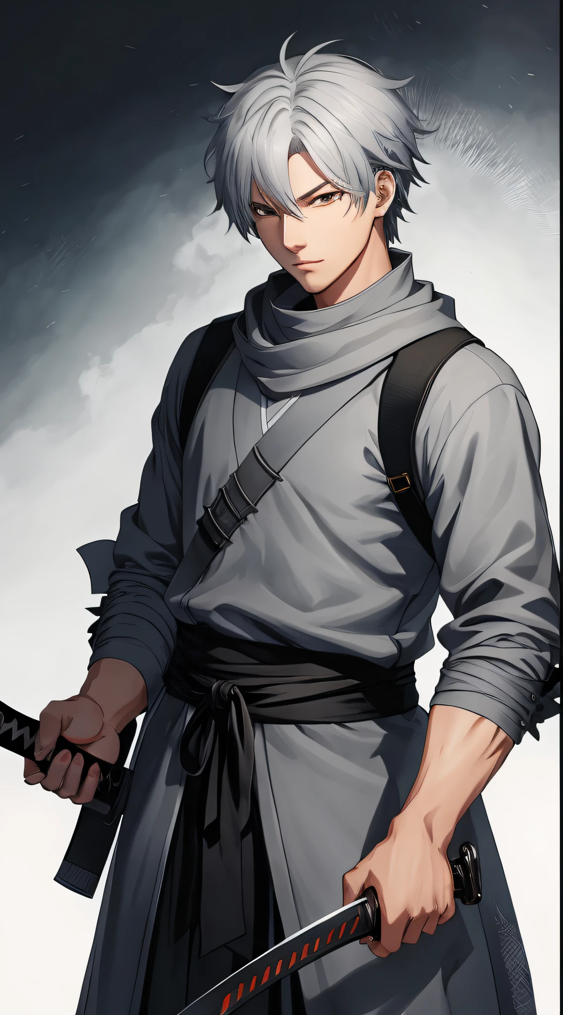 Anime character armed with a sword and gray costume, handsome guy in demon killer art, Anime handsome man, Digital anime illustration, made with anime painter studio, anime style character, swordsman, drawn in anime painter studio, official character illustration, Male anime style, male anime character, Guviz-style artwork, Main character, full-body wuxia,Anime flat paint