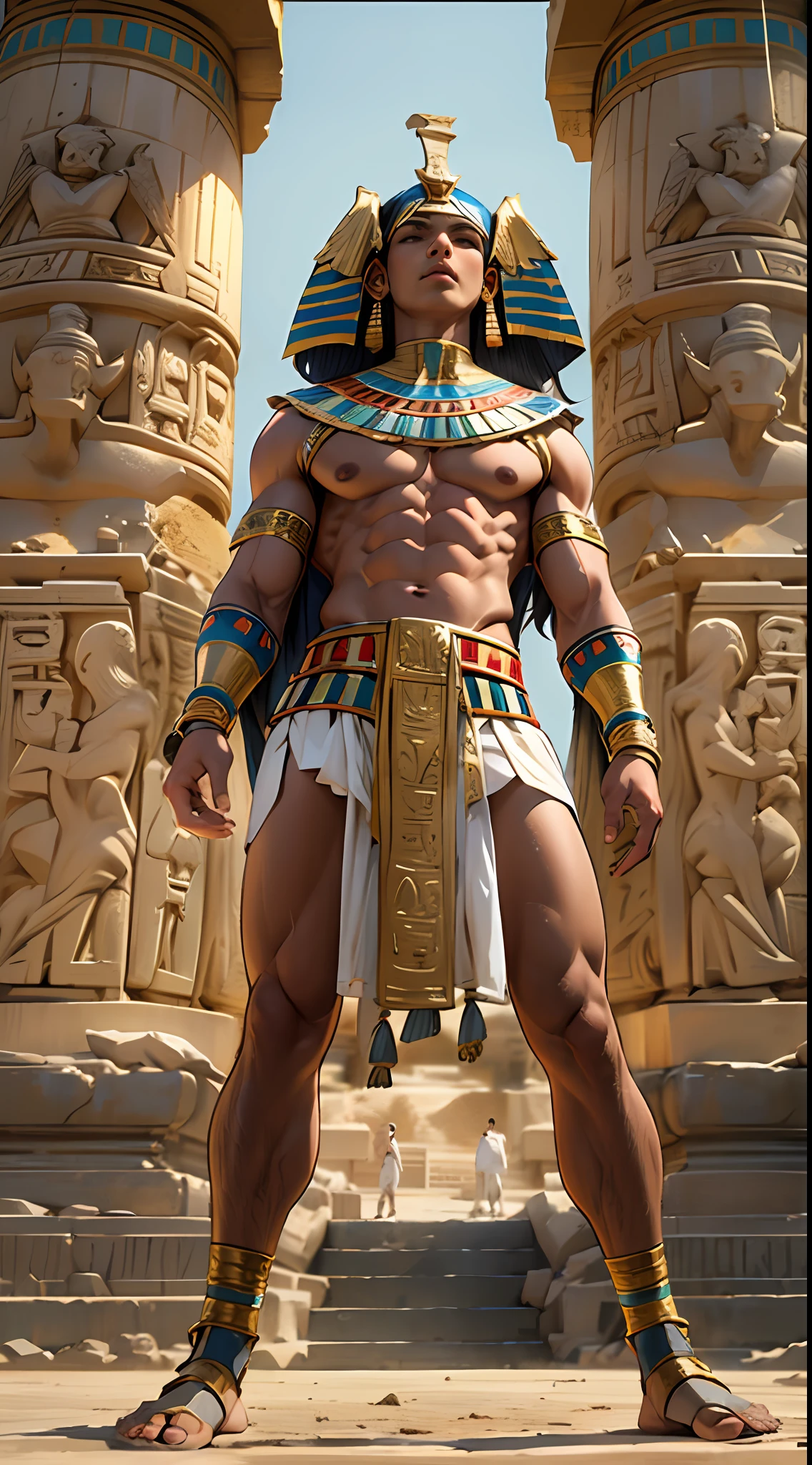 Powerful warrior, chest bared, lower body uncovered from thighs to feet, luxuriant long curls, meticulous muscle definition, photorealistic rendering, 4K resolution. Background: Ancient Egyptian temple complex,32k uhd, best quality, masterpiece, super detail, high details