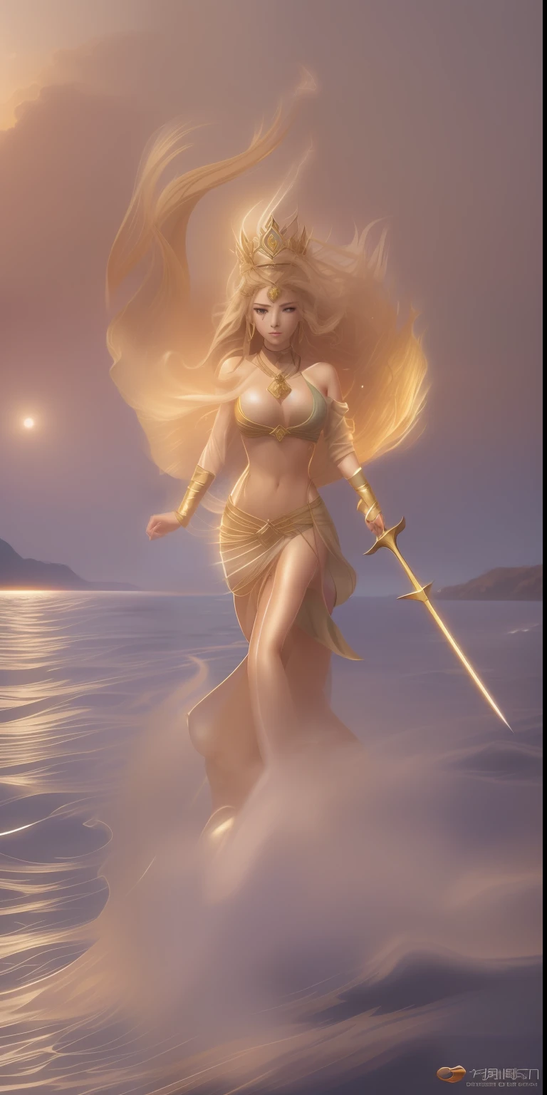 Beautiful woman emerges from the water,With a long sword in his hand, preparing to fight,beautiful face,She has long blonde hair,cloak flittering in the wind,The surrounding sea is turbulent,choppy,Huge waves,The mysterious power of the goddess of the sea in the waves,The sky is filled with clouds,Lightning cuts through the sky,(primitive:1.2),(realisticlying:1.4),(Sharpness:1.2),(A woman who is),16 yaers old,(((body high:1.5))),(((Gemstones refract dazzling light))),((middlebreast:1)),(Abs:0.7),(glute:1.2),(healthy-looking skin, Thin skin, seductiveexpression, 二重まぶた,Jelly textured lips, Glowing lips,Small upturned lips,There is an eye in the middle of the forehead,(((Flawless skin texture))),Real pores,ctextured skin,choker necklace,Yingluo,(Wear gemstones,pearls,hisui,amber,),((Gorgeous and exquisite crown,gemstone setting)),(Dynamic hair,Hair hanging down the shoulders,Beaded hairpins,Nobile,),Glossy glossy skin,Glowing skin,Radiant hair,eyes looking at the lens,The head is illuminated with an aperture,The body shines,
High quality detailing, Cinematic lighting,((Contre-Jour)),absurderes, unbelievable Ridiculous, hugefilesize, ultra - detailed, A high resolution, The is very detailed,best qualtiy,tmasterpiece,illustratio,The is very detailed,CG,unified,8k 壁纸,Amazing Cleavage,finely detailled,tmasterpiece,(((dynamicposes))),(((A fighting stance))), ((Correct anatomy)),(((Correct dissection))
