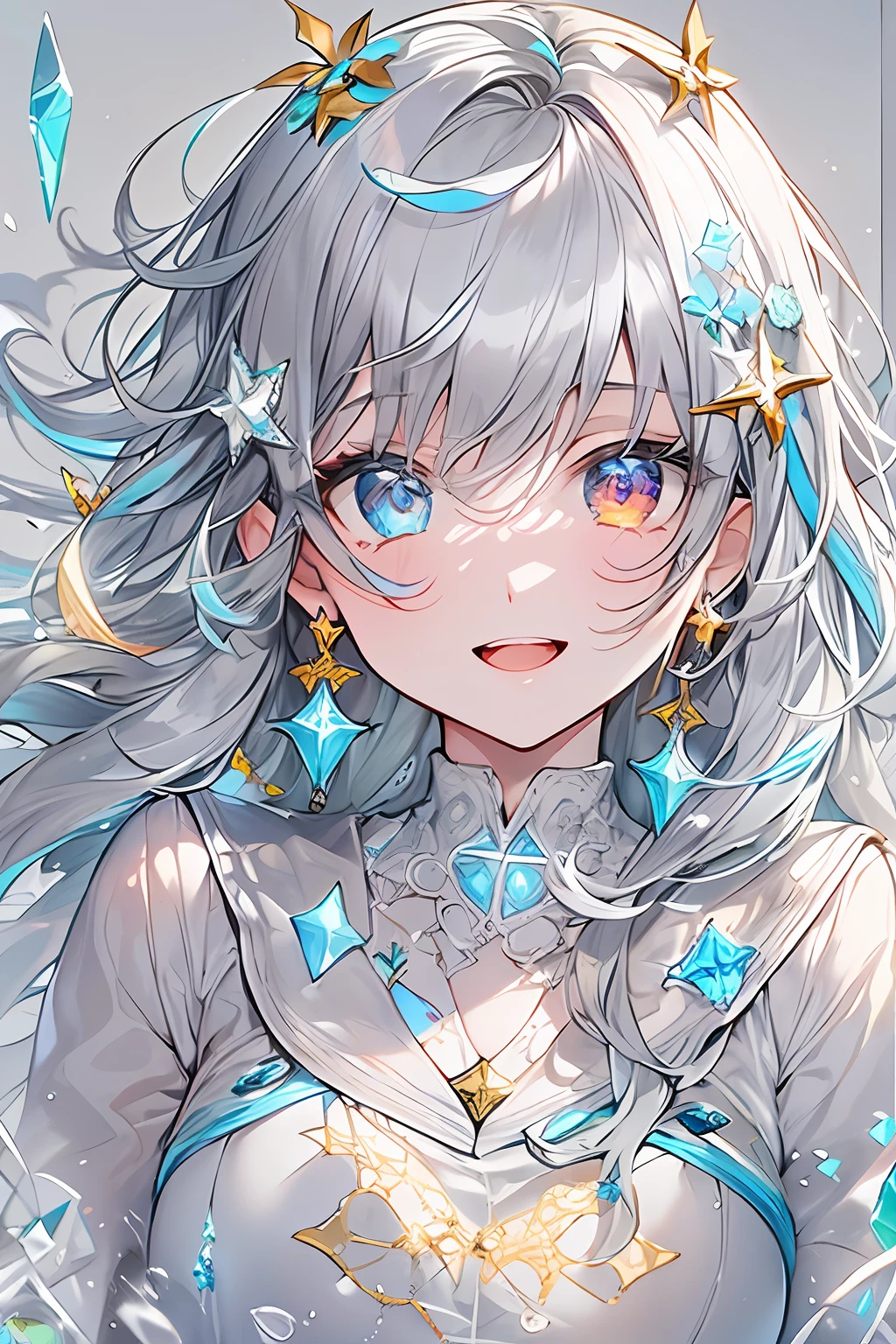 ((masterpiece、top-quality、Watercolor art(Pendants)、Official art、Beautifully Aesthetic:1.2))、(the golden ratio:1.2)、(ultra-detailliert:1.3)、(1girl in:1.3)、(Fractal Art:1.3)、full body Esbian、((Glitter pupils))、patterns、((colourful hair、Half White、Half grey:2))、colourfull、Writing、(heterochromia iridis:Blue right eye and light blue left eye)、(colourfull:1.5)、((Shy face))、(Hyper-detailing), ((delicate detail)), (intricate detailes), ((ciinematic light, best quality backlight)), highcontrast, ((The best lighting, extremely delicate and beautiful)), ((ciinematic light))、(ray trace reflection、brilliance)、((glowing aura))、((Radiant hair))、((The ultra-detailliert))、((8K))、((write))、Delicate beautiful face and eyes,Focus on Face, masterpiece,Shock sensation、(realisitic:0.5)、Original 2 High Saturation、((Neat and clean woman))、((night sky full of stars))、(((Shining eyes:2))),(((Crystal pupil:1.2))),(((Big eyes:1.2)))、(((Crystals in the eye:1.3))), absurderes, superfine illustration, Best Quality, Very beautiful girl, Very detailed and very beautiful adult big smile:1.2, ;D, Face up, Beautiful Growing Crystal Diamond White Star Pupil, look at viewr, Beautiful detailed** Blue Land **hair:1.2, Solo, Beautiful detailed **Blue and silver** ribon, Beautiful detailed **Blue Land** (((High School Uniform:1.5))), Fantastic and shining wide rainbow with circles, Shooting stars and strong winds、Night and rainbow shooting stars, Magic Circle:1,2 of the detailed background、Shining White