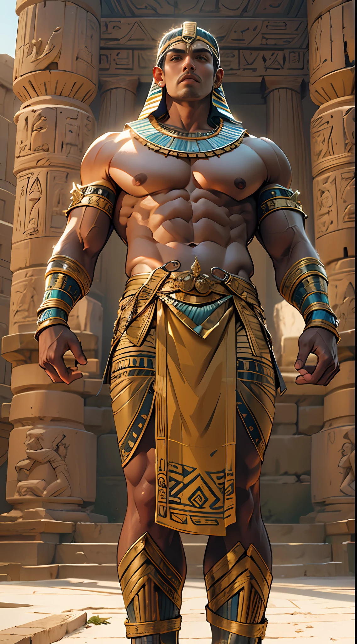 Powerful warrior, chest bared, lower body uncovered from thighs to feet, luxuriant long curls, meticulous muscle definition, photorealistic rendering, 4K resolution. Background: Ancient Egyptian temple complex,32k uhd, best quality, masterpiece, super detail, high details