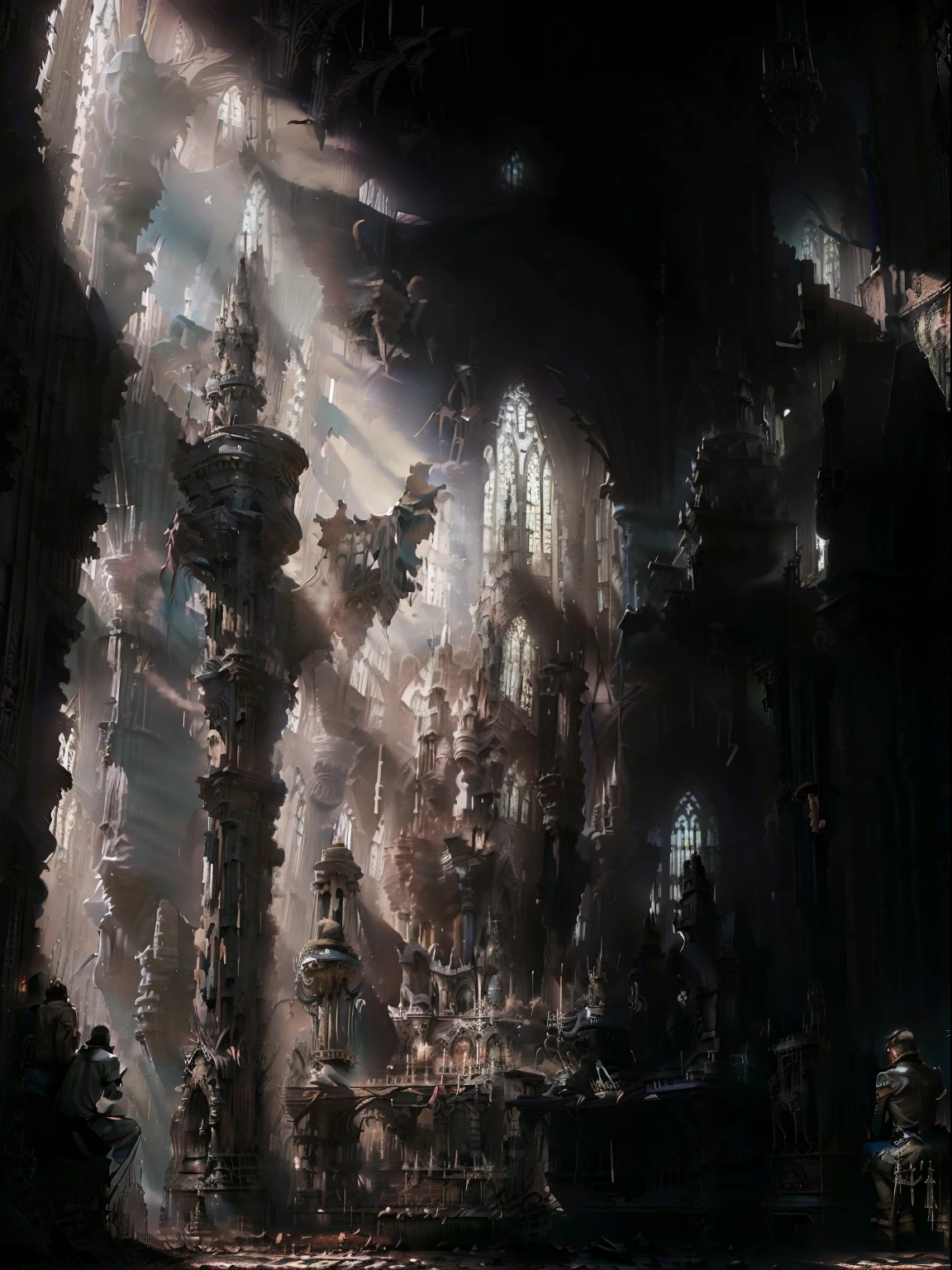 The ruins of a large Cathedral, Gothic Style, Baroque, kneeling people praying, priests, dusty environment, cinematic surround light,