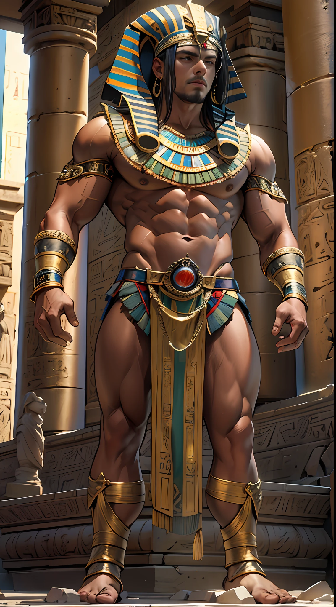 Powerful warrior, chest bared, lower body uncovered from thighs to feet, luxuriant long curls, meticulous muscle definition, photorealistic rendering, 4K resolution. Background: Ancient Egyptian temple complex,32k uhd, best quality, masterpiece, super detail, high details