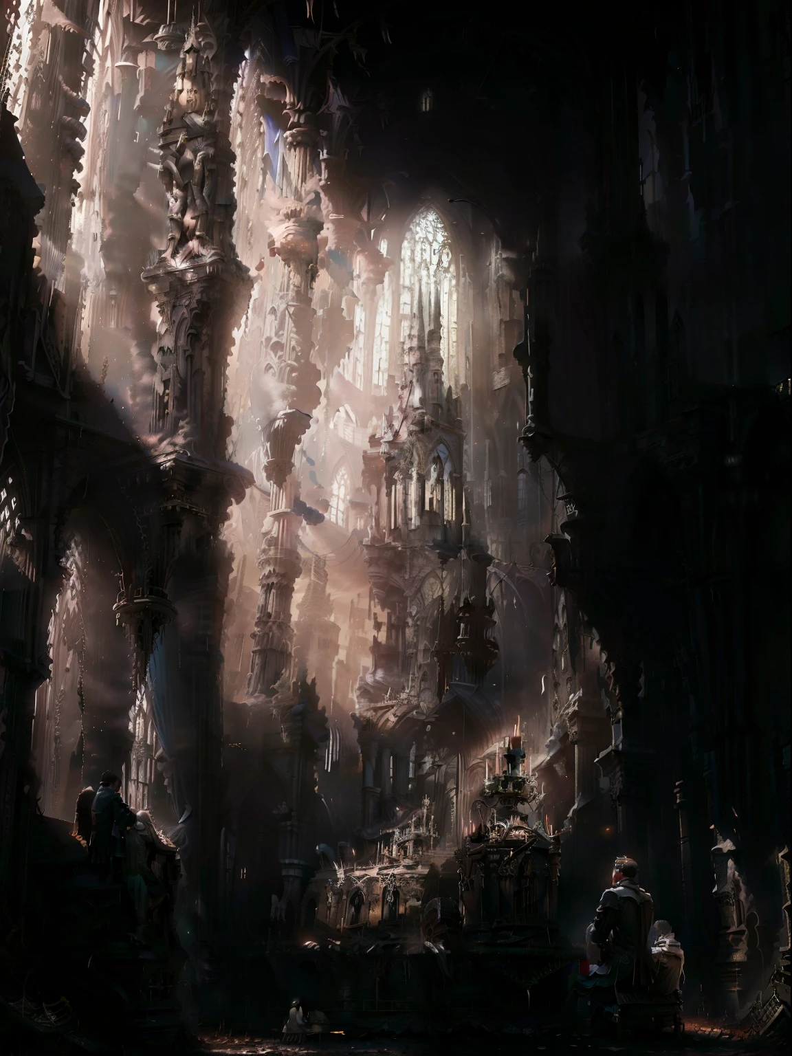 The ruins of a large Cathedral, Gothic Style, Baroque, kneeling people praying, priests, dusty environment, cinematic surround light,