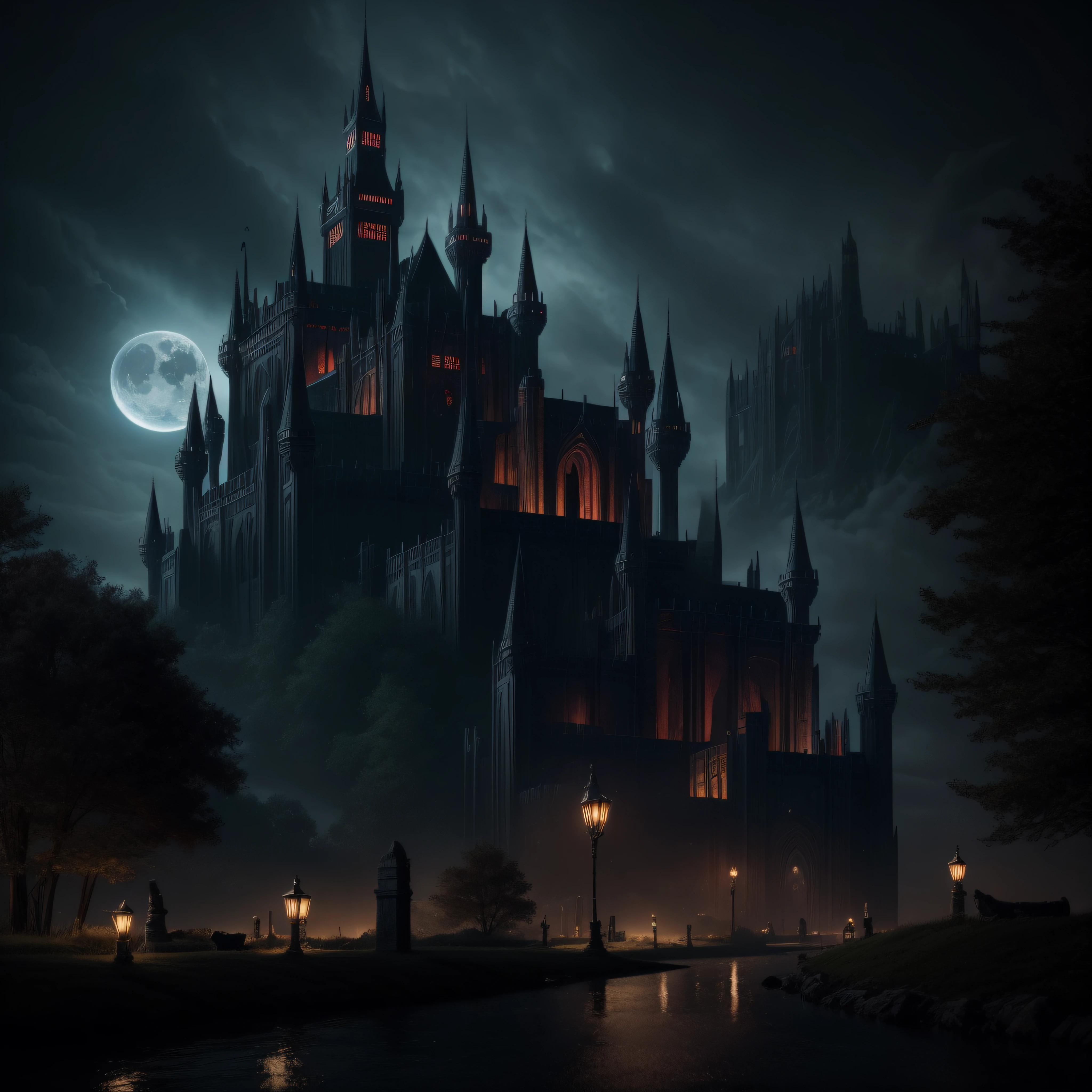 Big Dark age castle, gothic style, dark night, crescent moon, lightning, dark theme, ravens, Gotham city castle,BREAK,Detailed,Realistic,4k highly detailed digital art,octane render, bioluminescent, BREAK 8K resolution concept art, realism,by Mappa studios,masterpiece,best quality,official art,illustration,ligne claire,(dark_color),perfect composition,absurdres, fantasy,focused,rule of third
