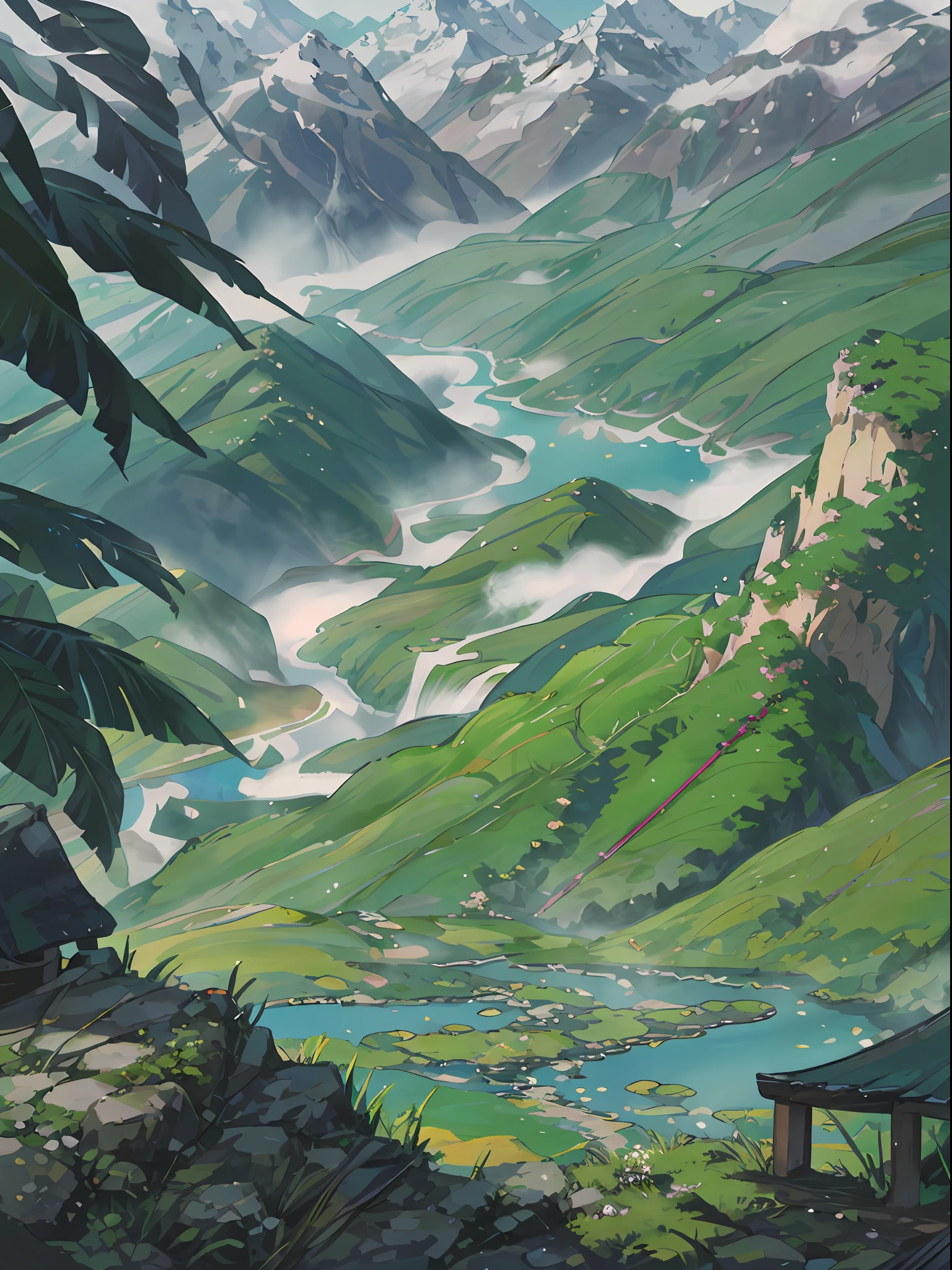Chinese Ancient Times、springtime、jungles、lakes、hole in the mountains、waterfallr,The tree、grassy fields、Rochas、fawn、hot onsen、hydrosphere、Epic composition、Realistic lighting、high definition detail、tmasterpiece、Best quality