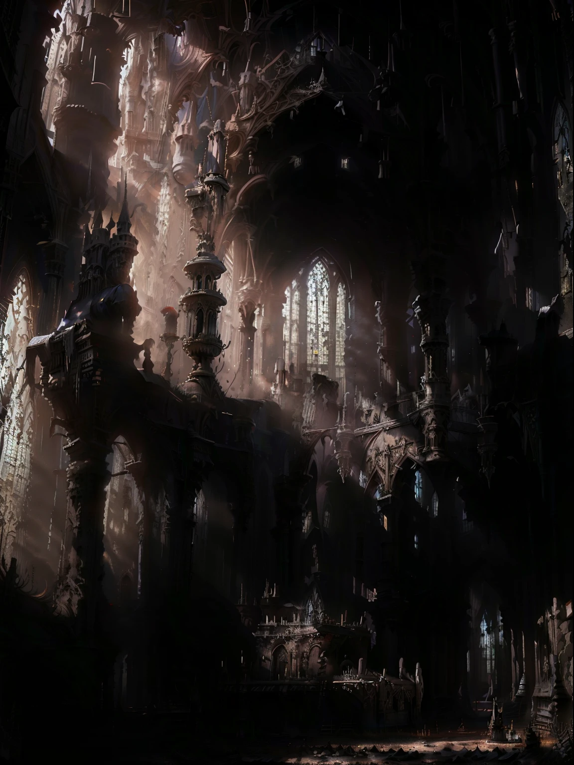 Las ruinas de una gran catedral, gothic style, Personas arrodilladas rezando, Sacerdotes, ambiente polvoriento, Cinematic enveloping light,