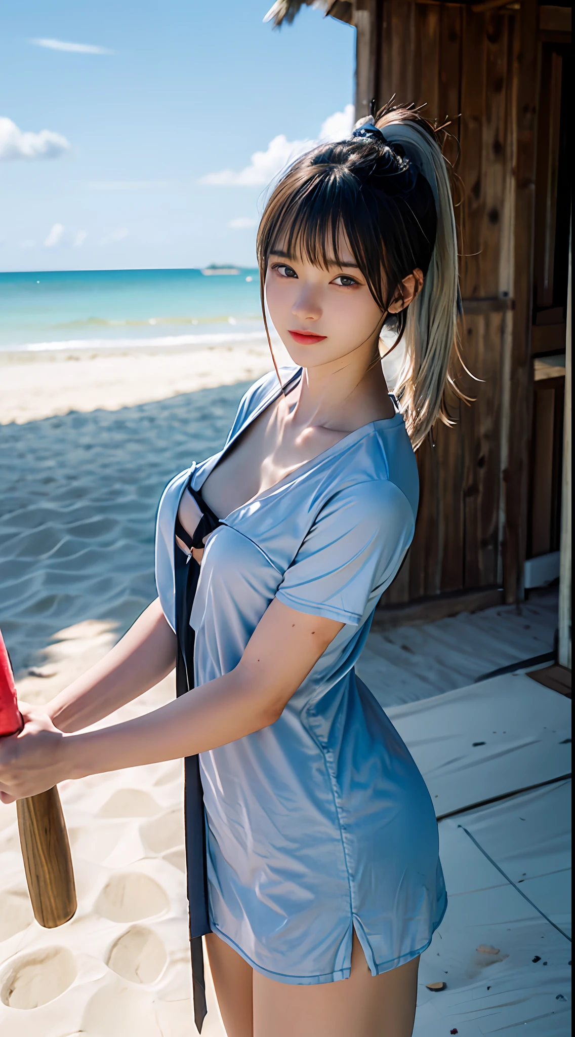 A beautiful blindfolded girl holds a baseball bat in both hands and raises it over her head, aiming at a watermelon on the beach.,(middle breast:1.4), (Best quality, ultra high res, ponytail, silver hair, light blue eyes, (photorealistic:1.4), god rays, 8k, masterpiece, UHD,